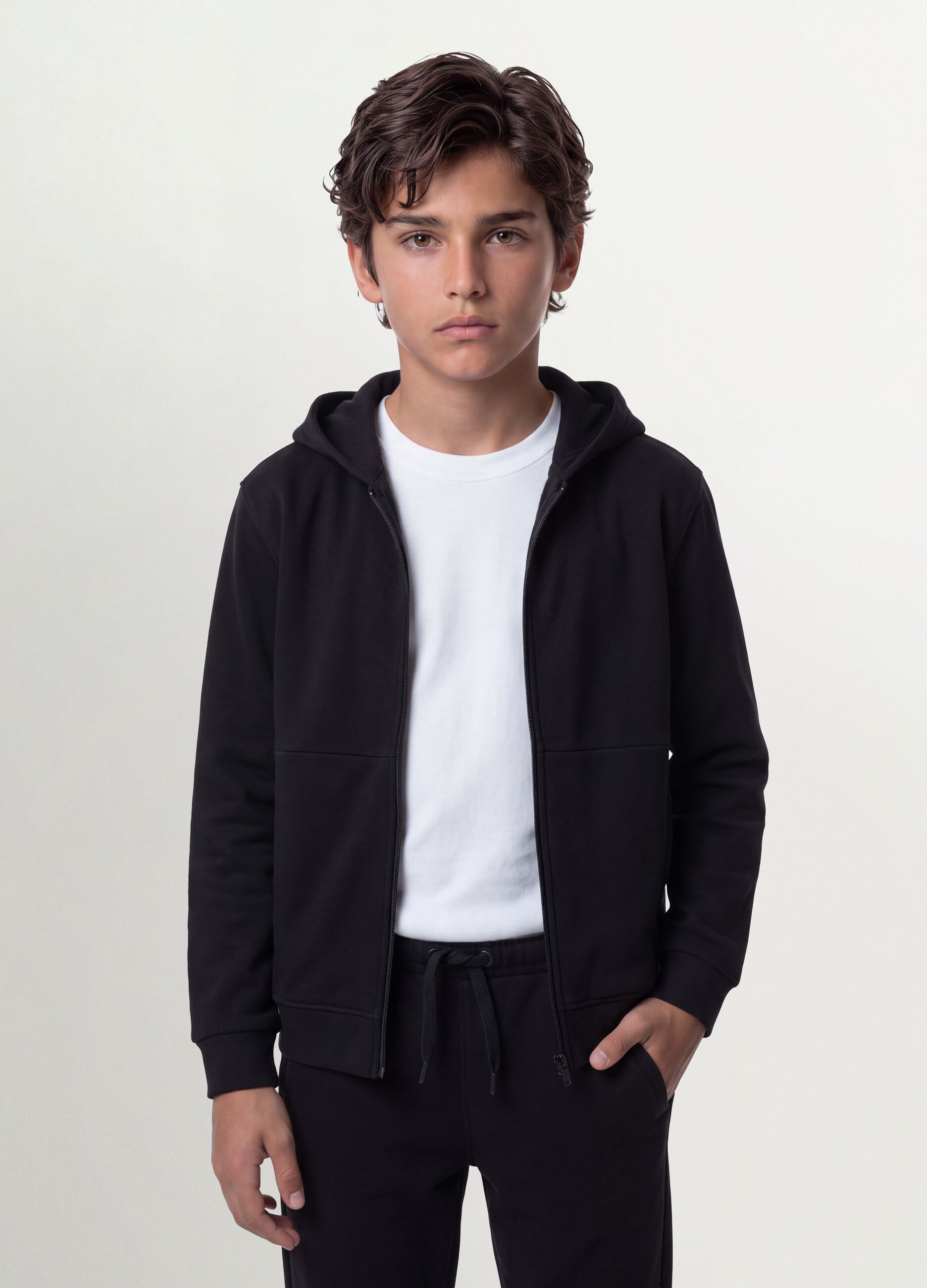 Black organic cotton zip-up hoodie for boys, relaxed fit