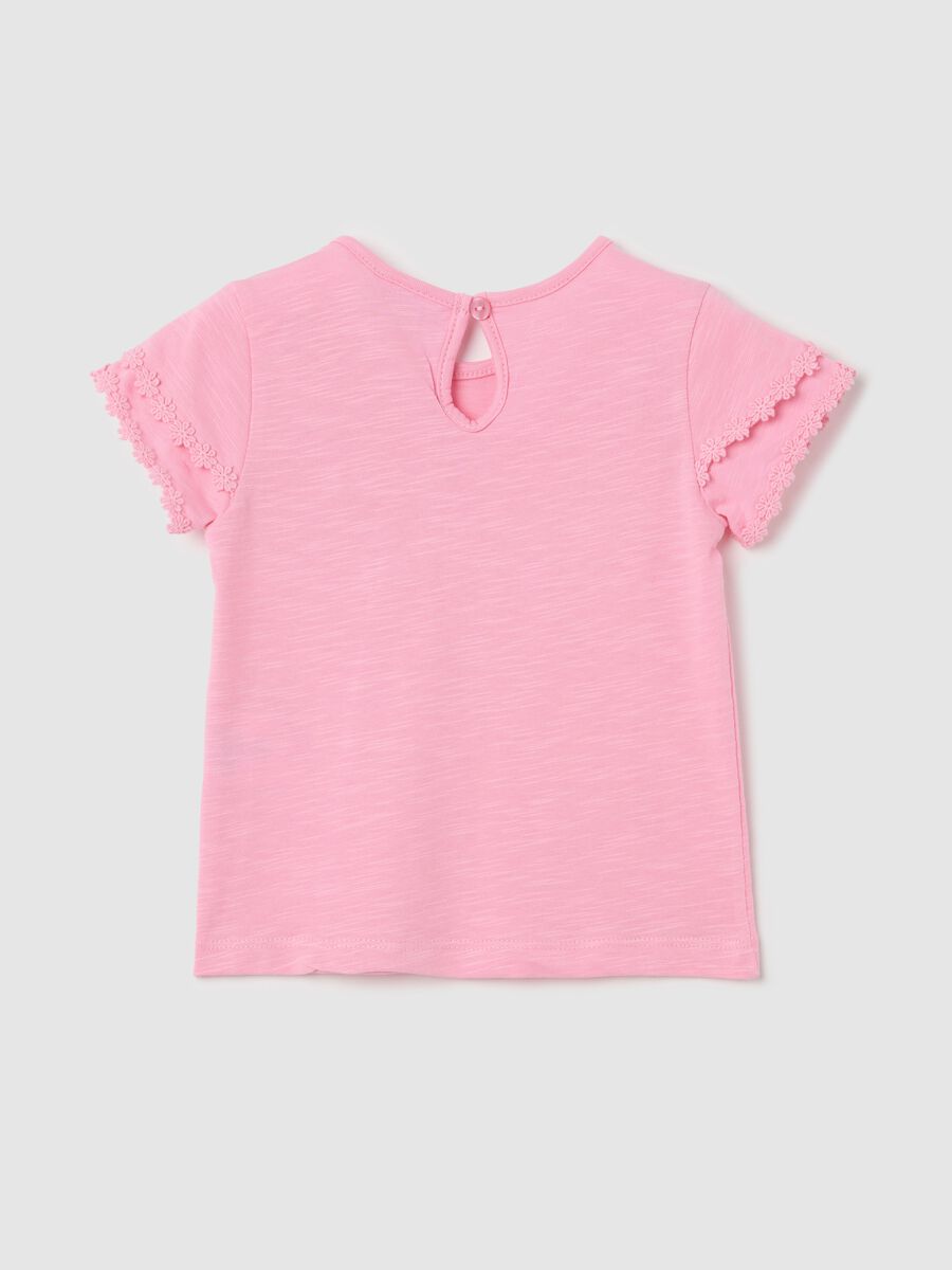 Pink cotton T-shirt with crochet flowers_1