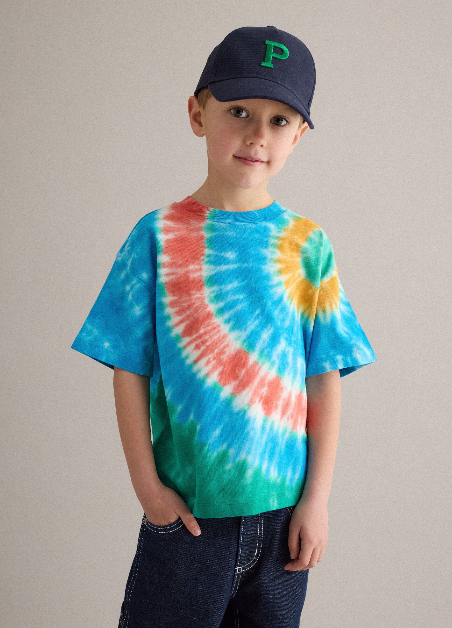 Children's blue pure cotton baseball cap with embroidered P