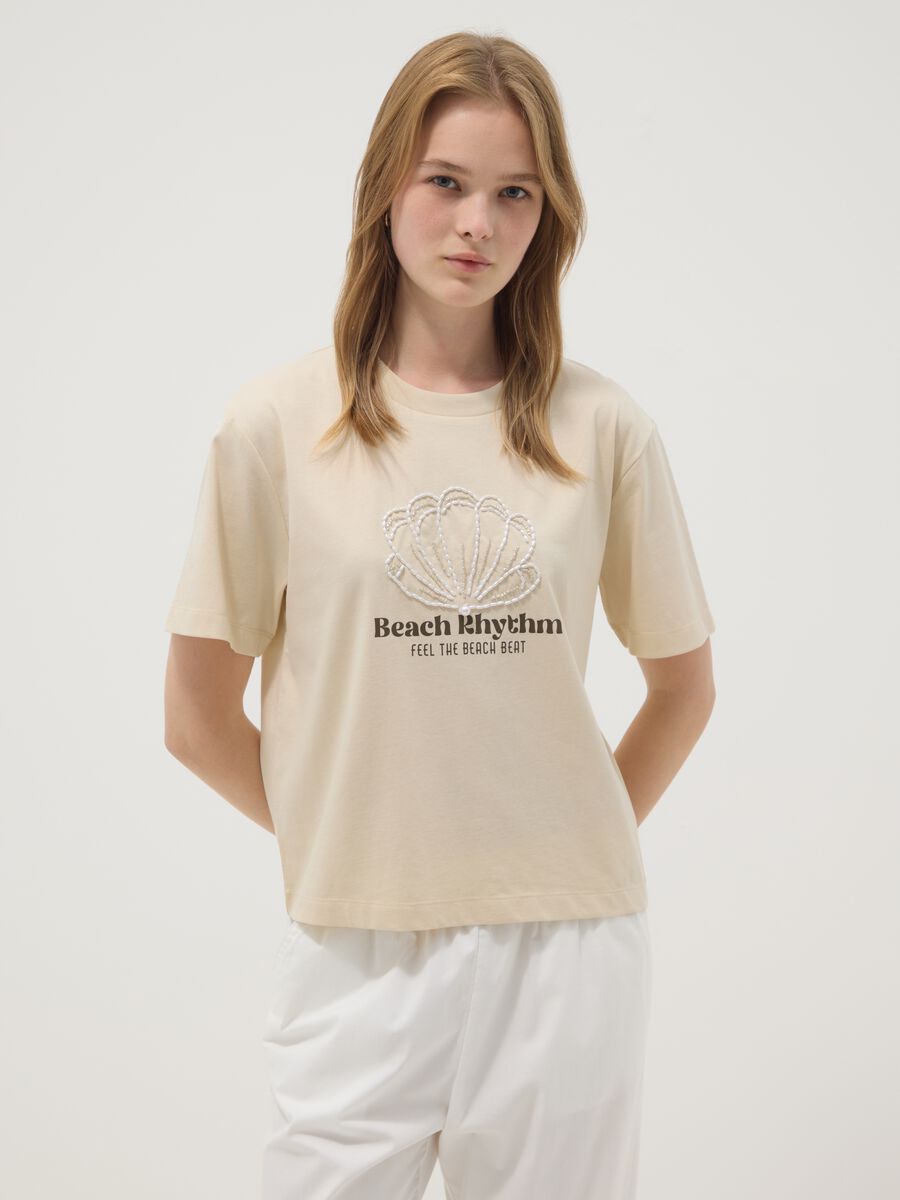 Beige short-sleeved pure cotton T-shirt with embroidery_1