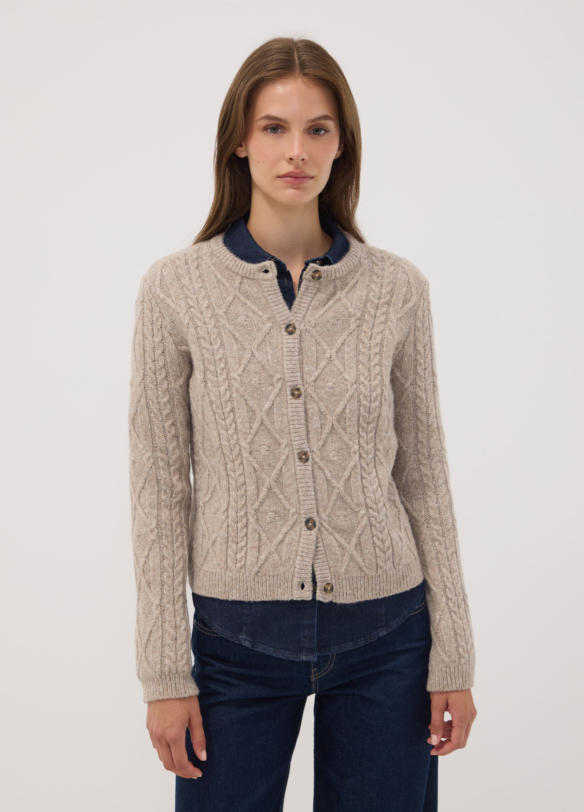 Beige cable-knit wool-blend cardigan