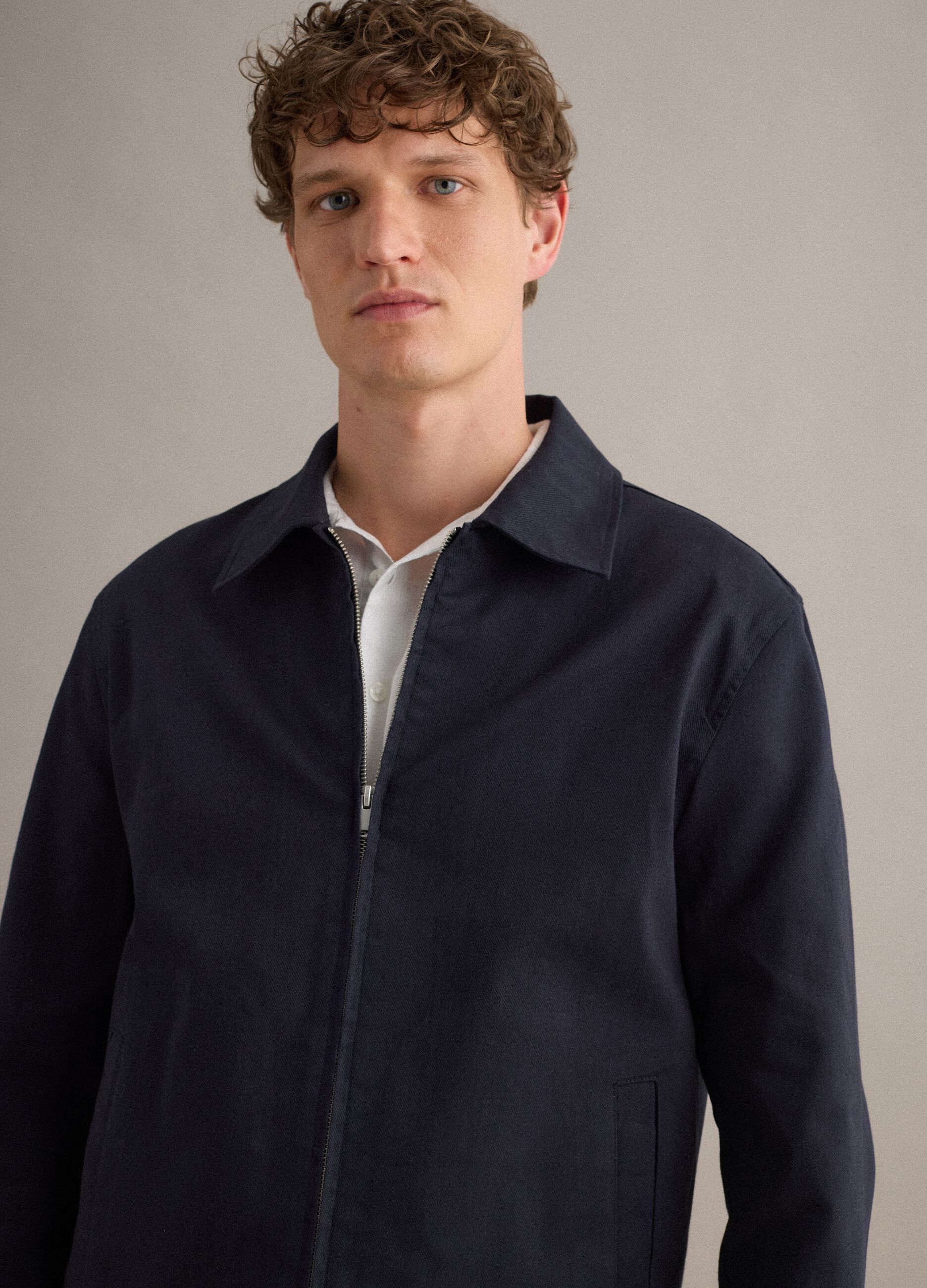 Blue regular fit cotton-linen blend jacket with zip