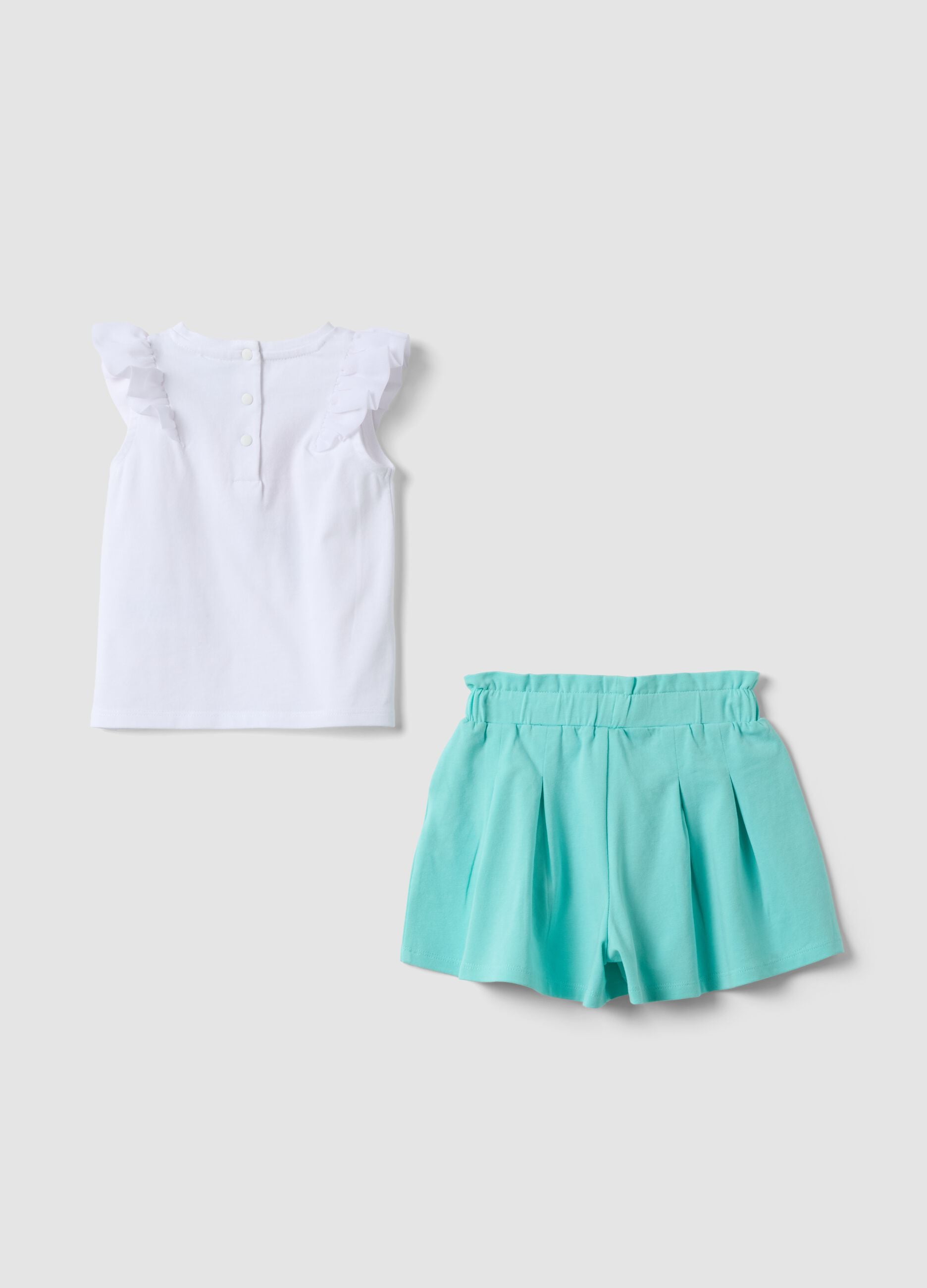 White stretch cotton set with top and shorts for baby girl, regular fit