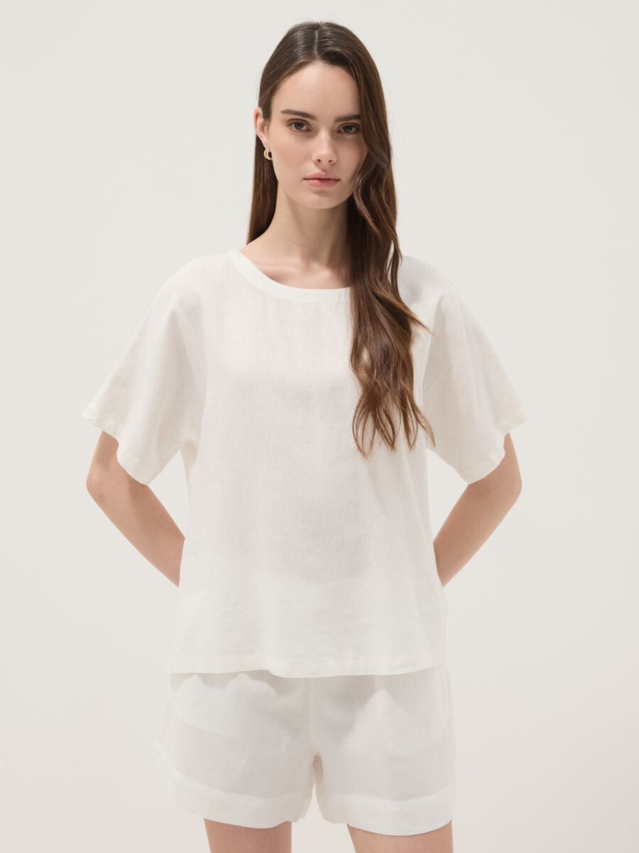 Blusa bianca in misto lino e viscosa regular fit_0