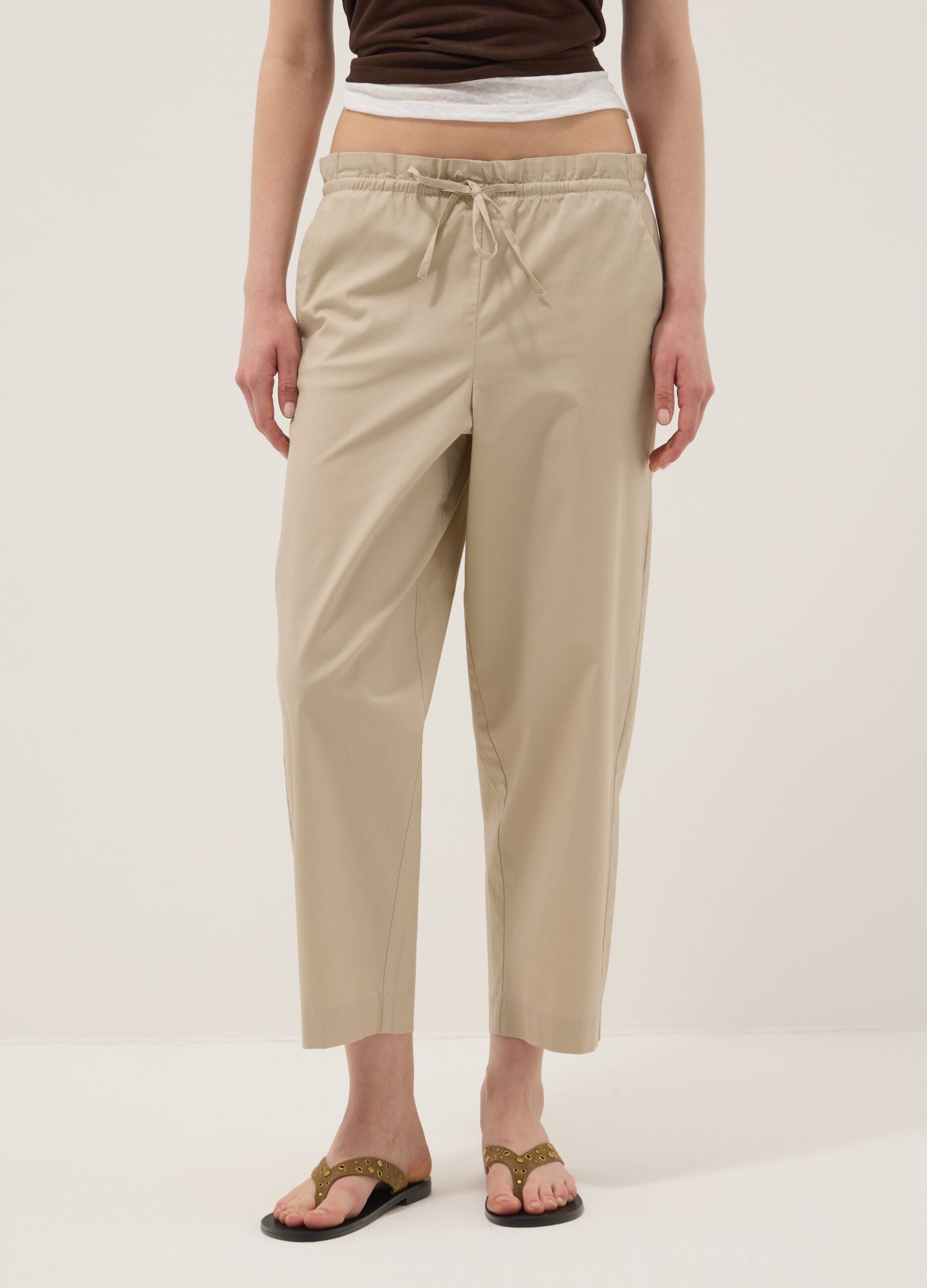 Beige stretch-cotton trousers with elasticated waistband