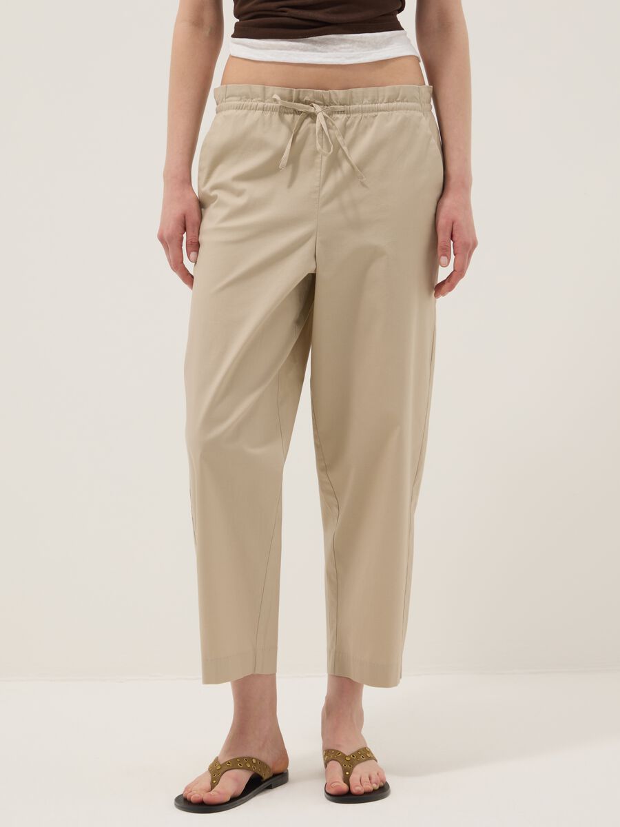 Beige stretch-cotton trousers with elasticated waistband_1