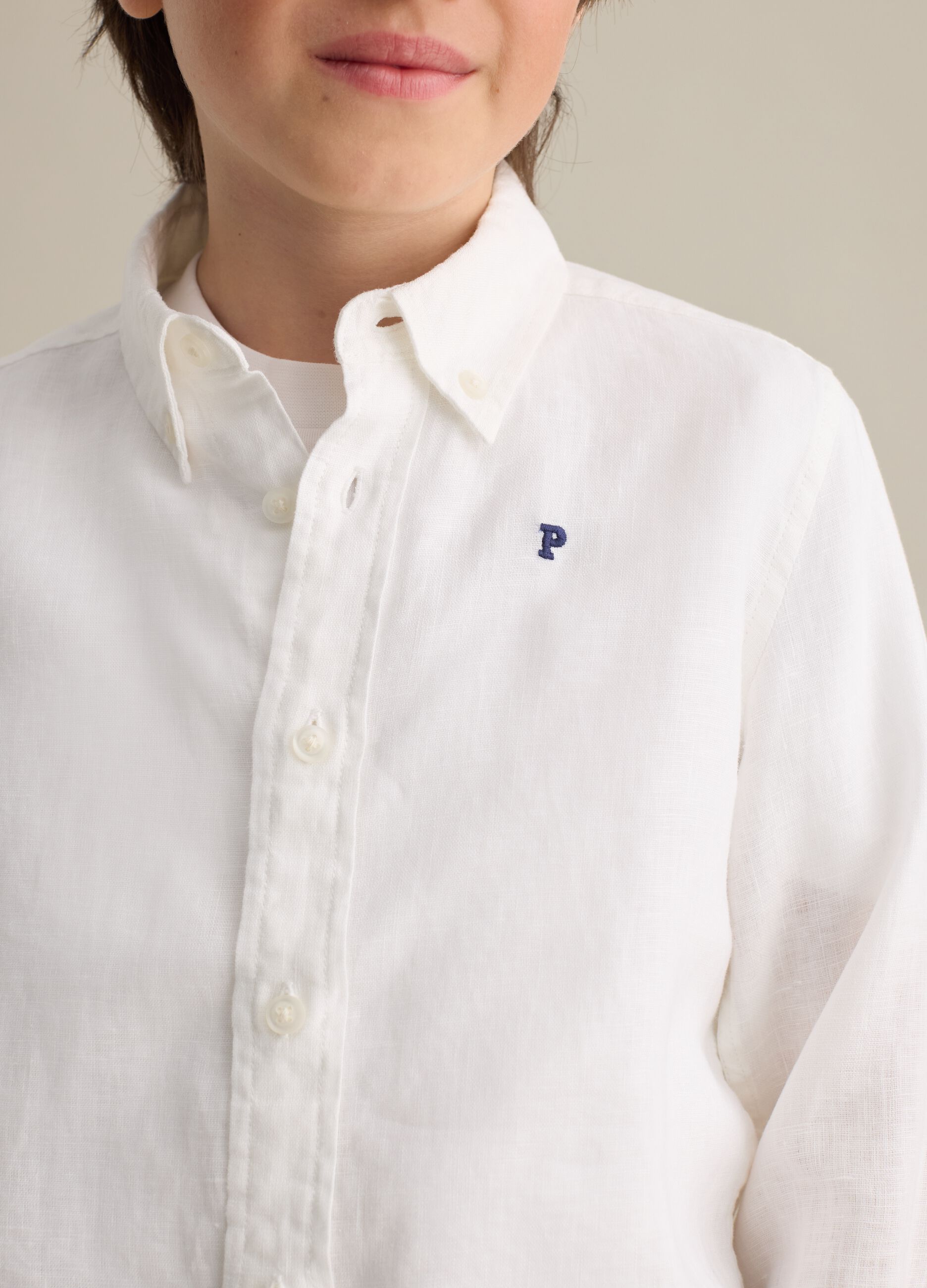 White linen shirt with logo embroidery