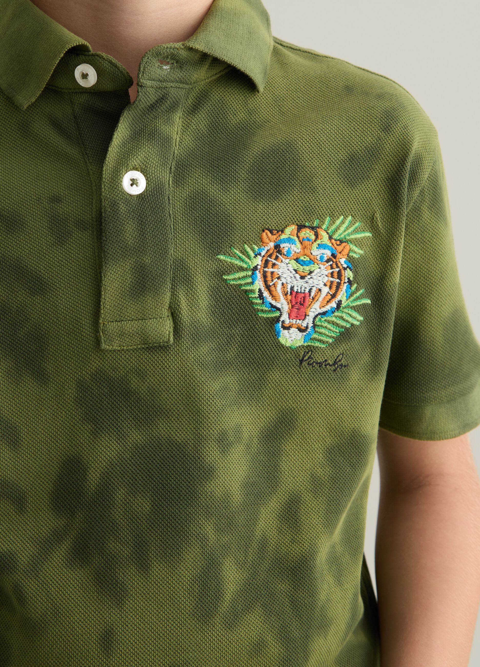 Green short sleeve cotton polo with tiger print