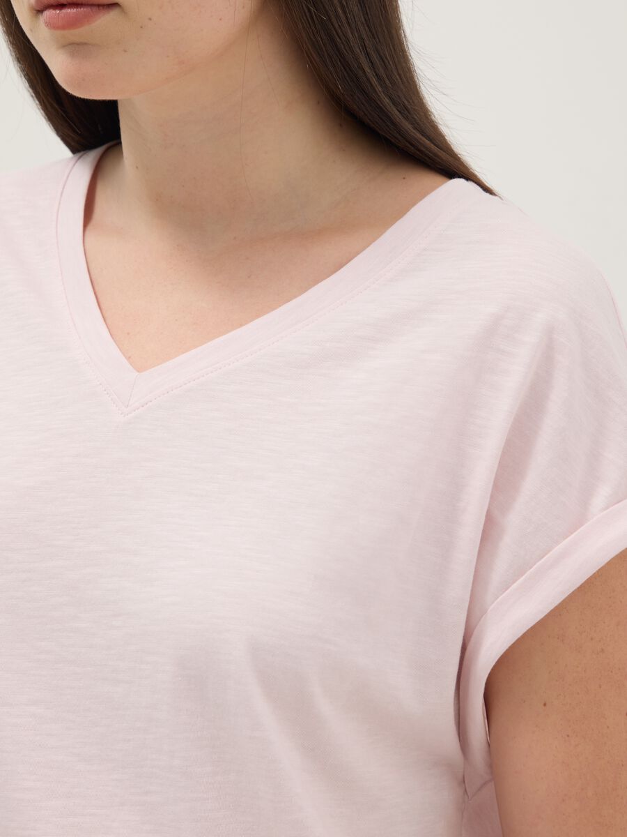 T-shirt a maniche corte in puro cotone rosa regular fit con collo a V_3