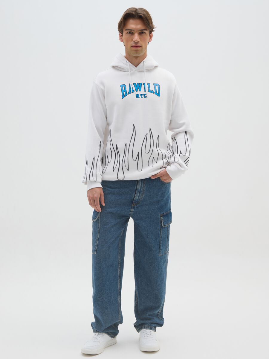 White Cotton Blend Hoodie with Flames_1