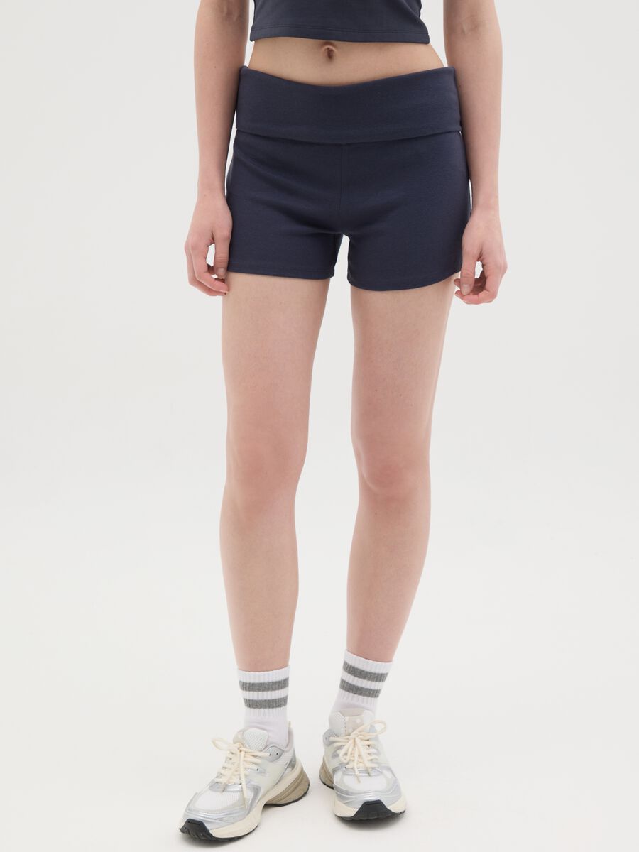 Women's slim fit blue pure cotton shorts with cuff_1