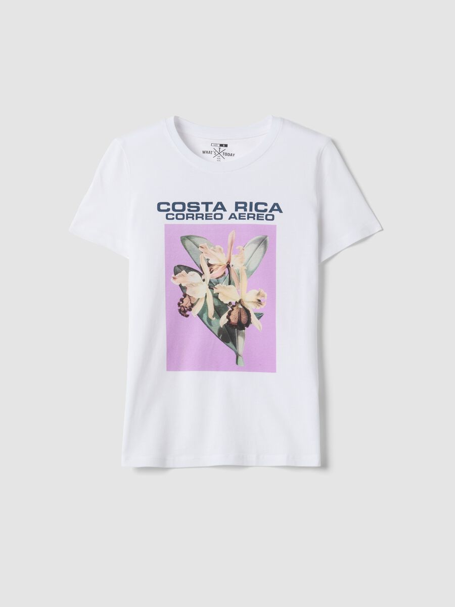 White pure cotton T-shirt with front print_0