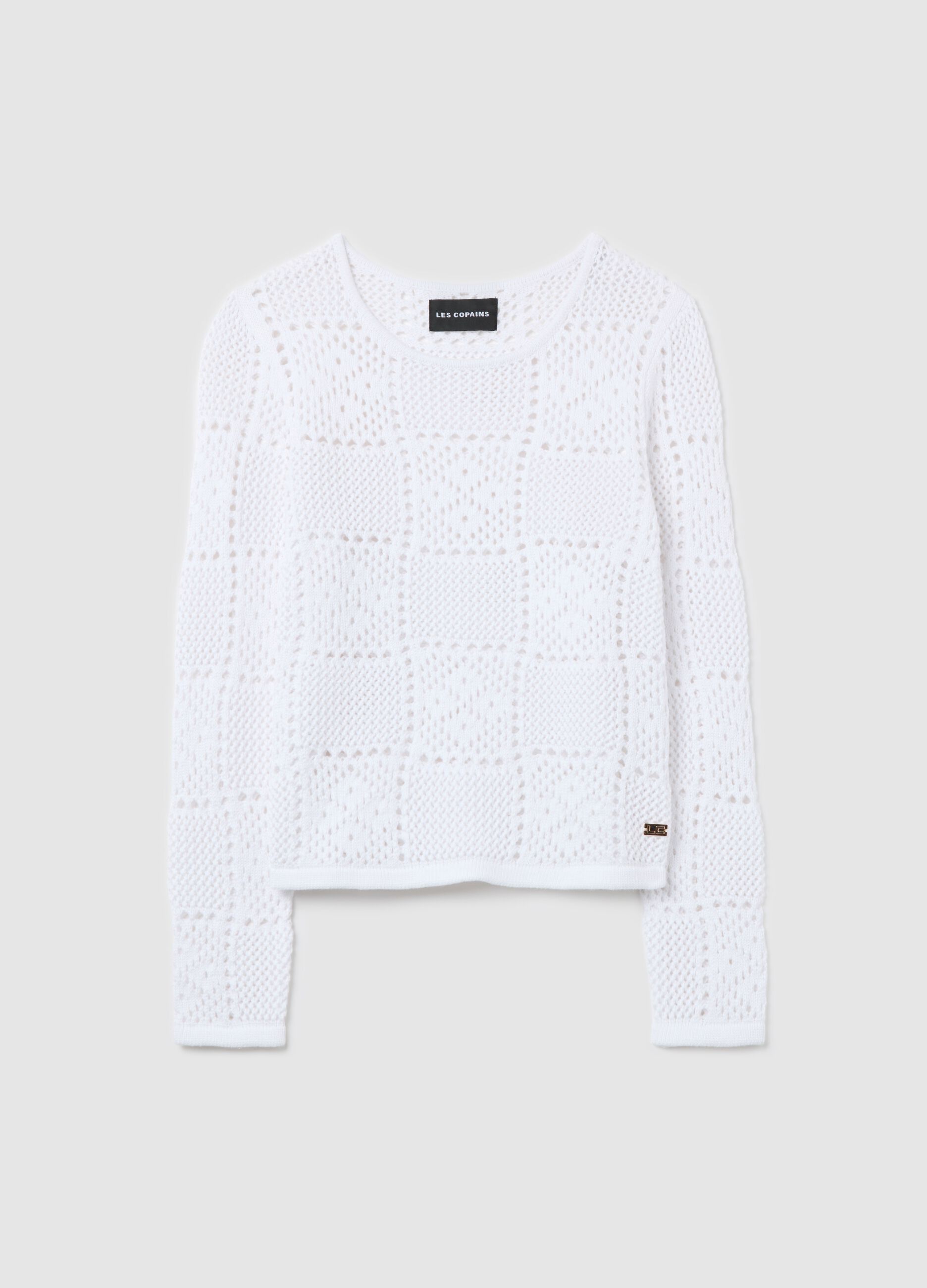 Maglia traforata bianca a maniche lunghe