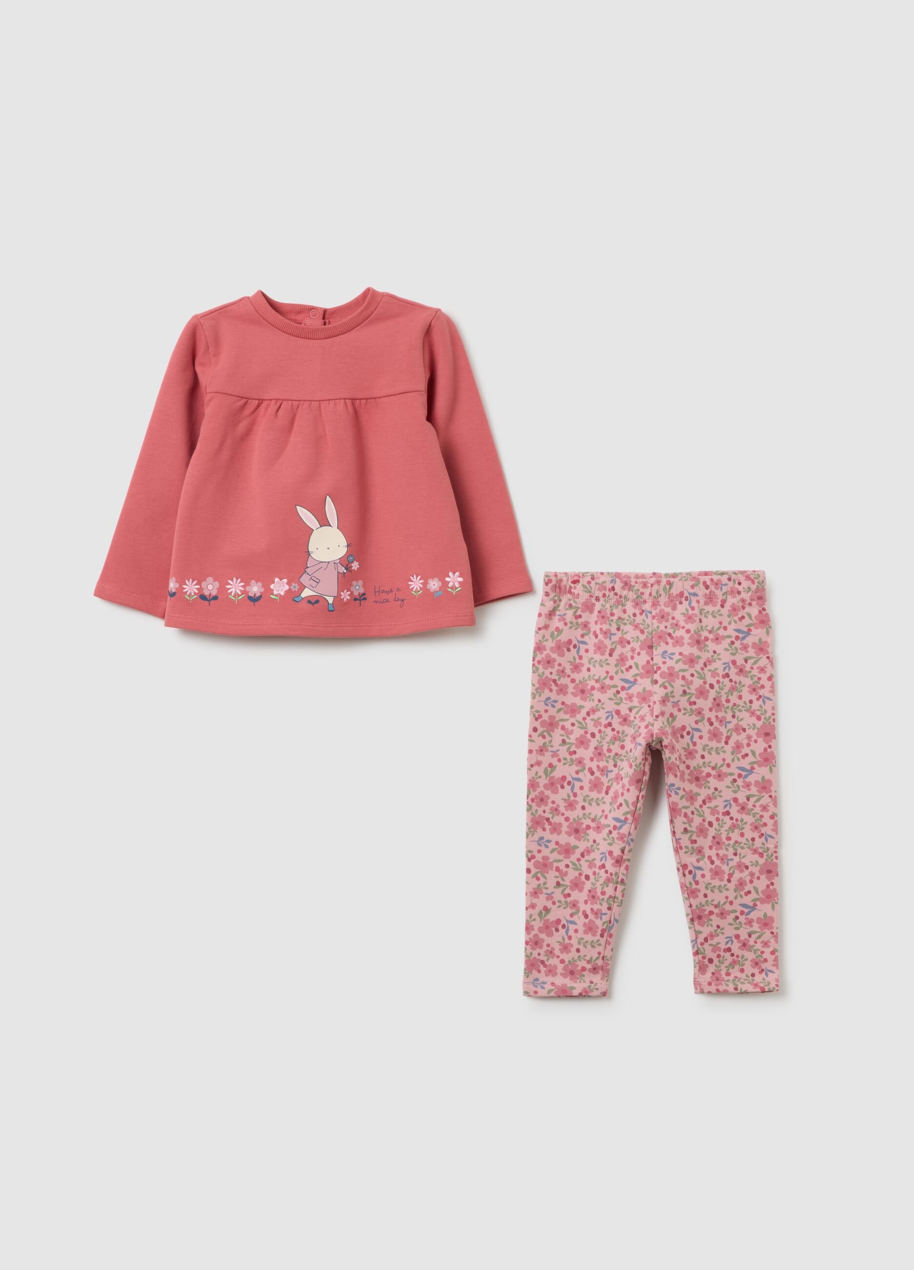 Girls' pink cotton blend set with floral pattern