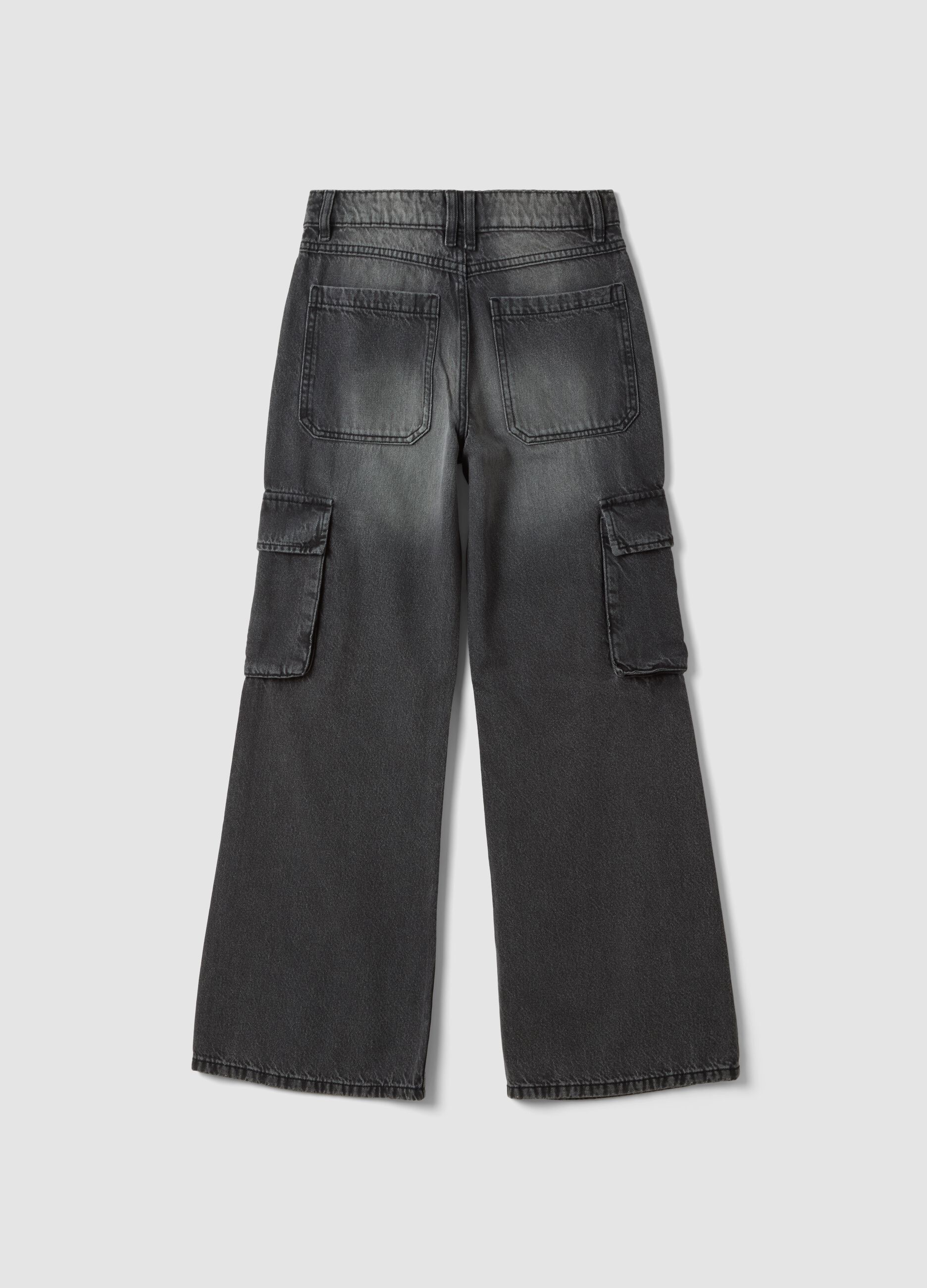 Jeans grigi cargo in puro cotone relaxed fit per ragazza