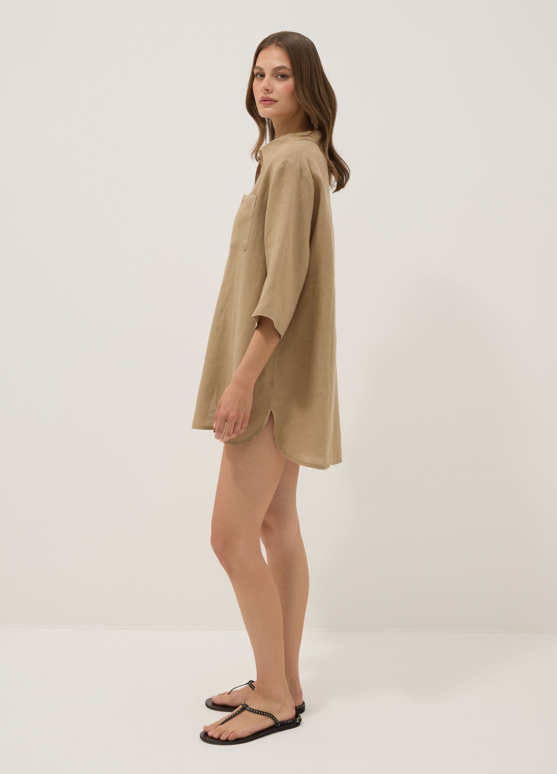 Long beige pure linen beach cover-up
