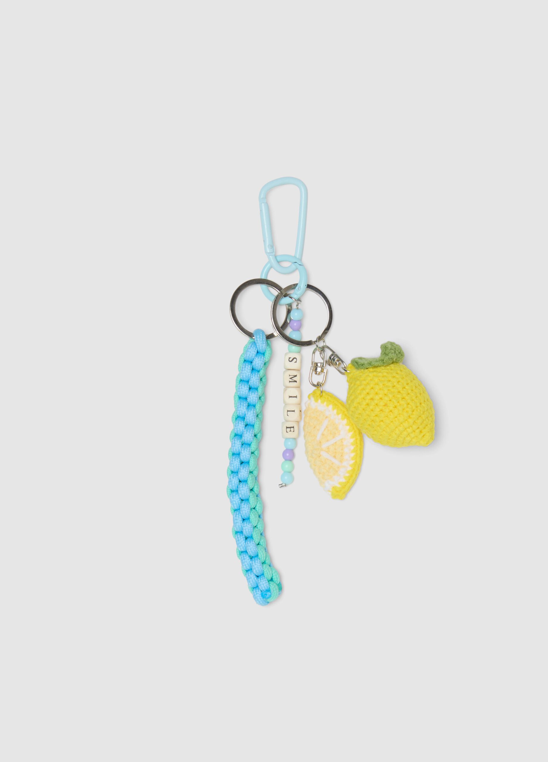 Multicolor pure cotton knitted keyring with lemon