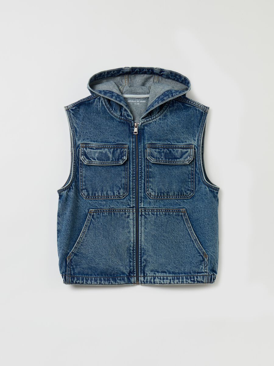 Gilet full-zip in denim con cappuccio_3