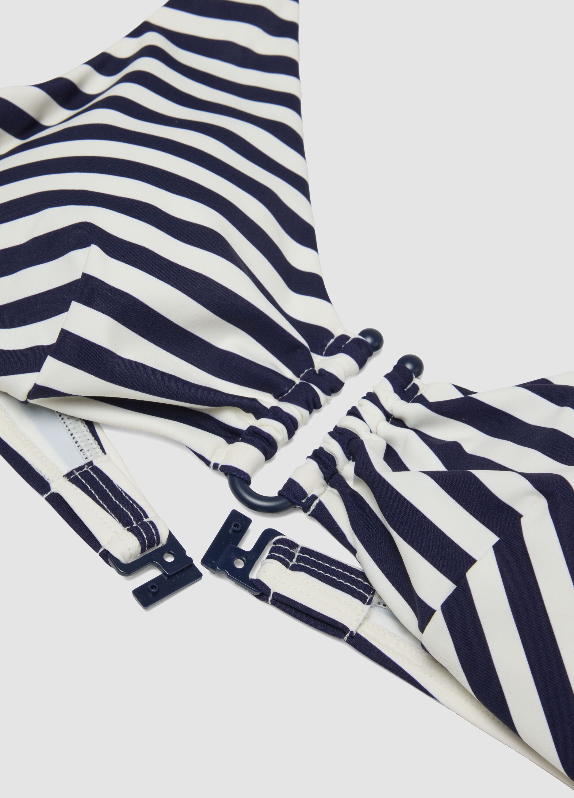 Blue and white striped triangle bikini top in stretch fabric