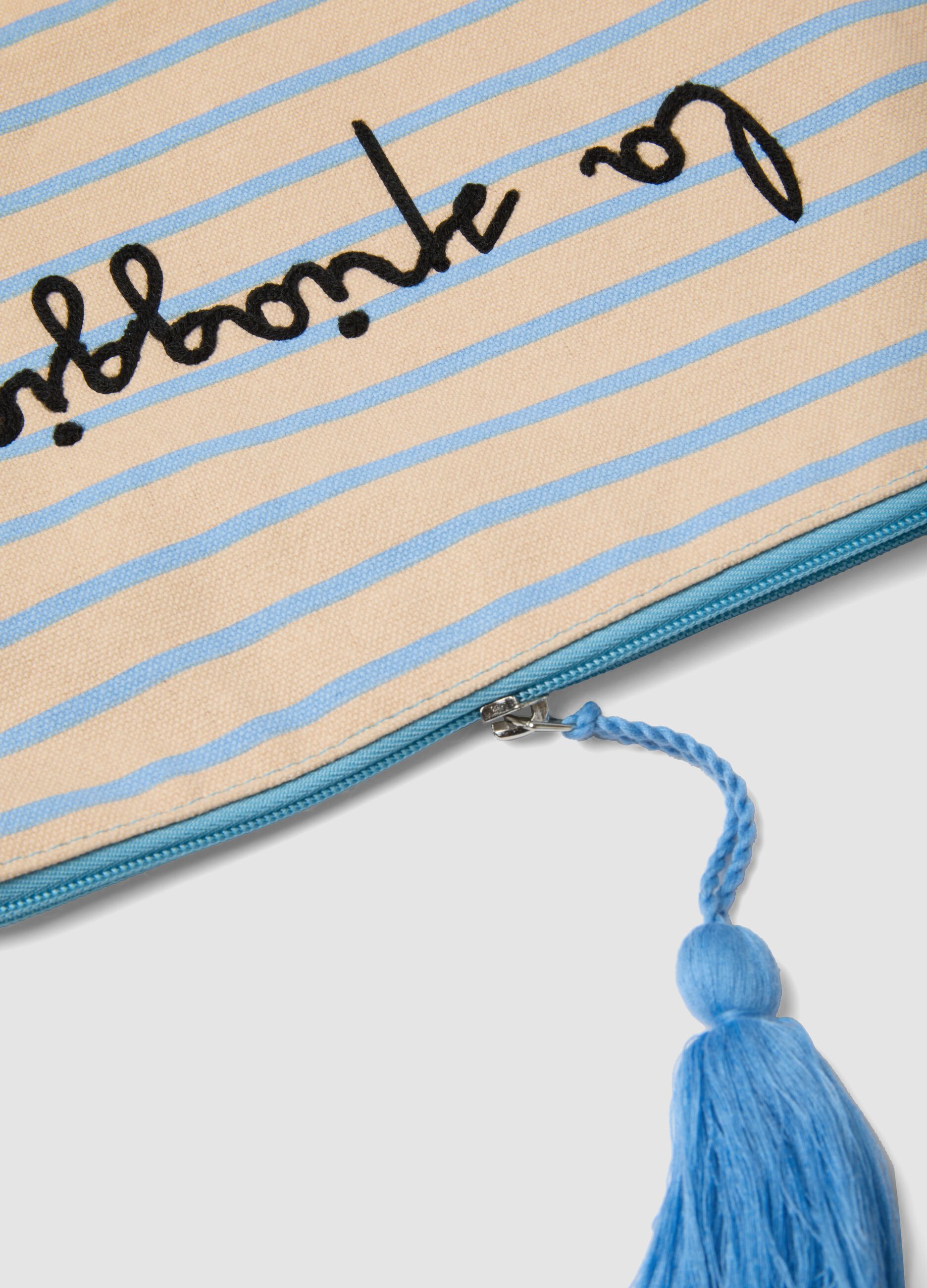 Beige pure cotton pouch with light blue stripes, tassel and zip