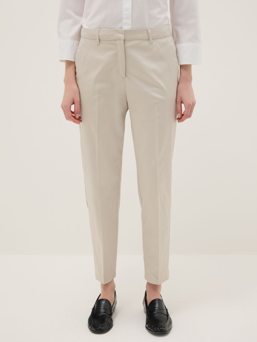 Beige stretch cotton satin trousers regular fit_2
