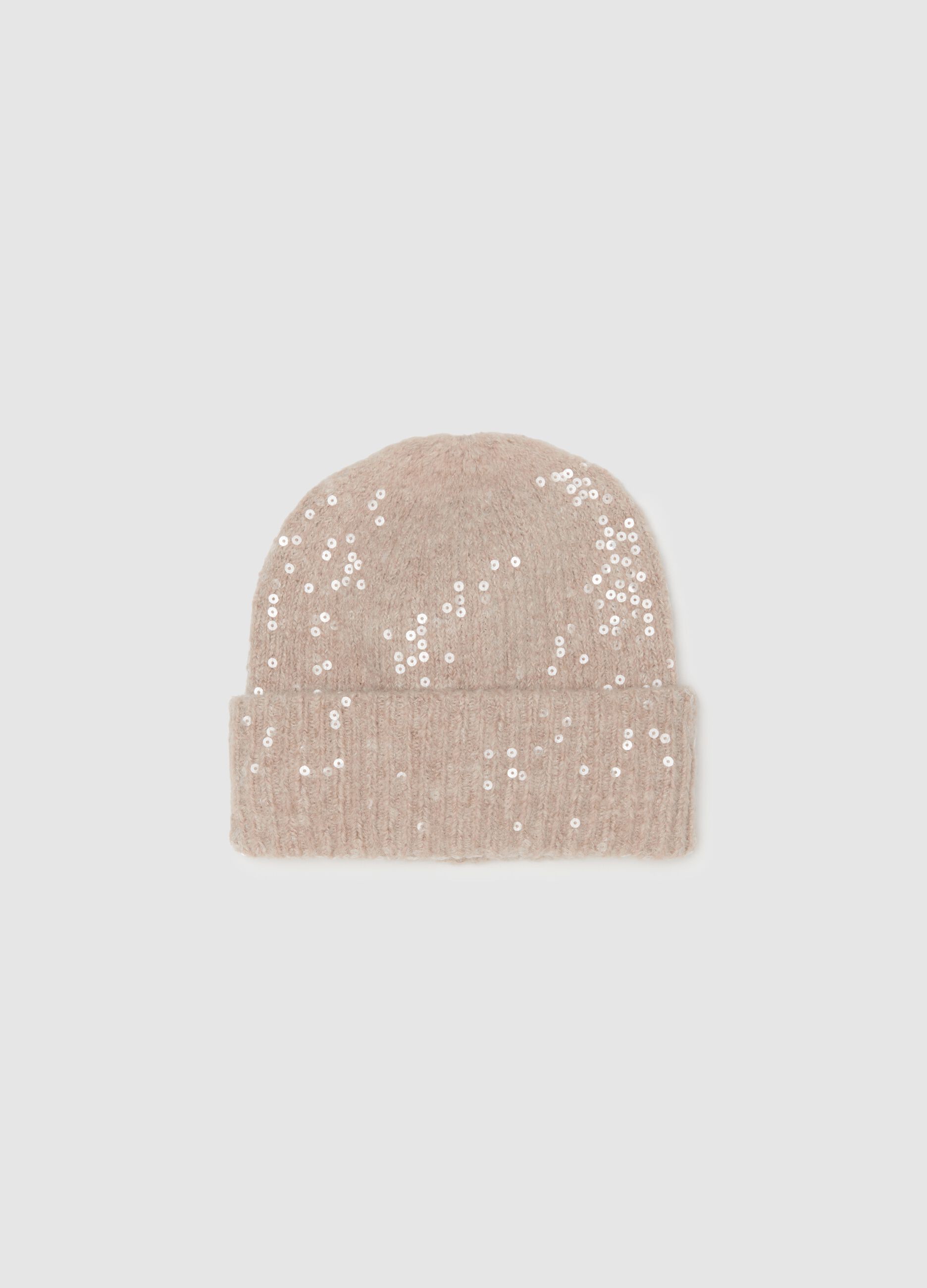 Beige jersey knit hat with sequins