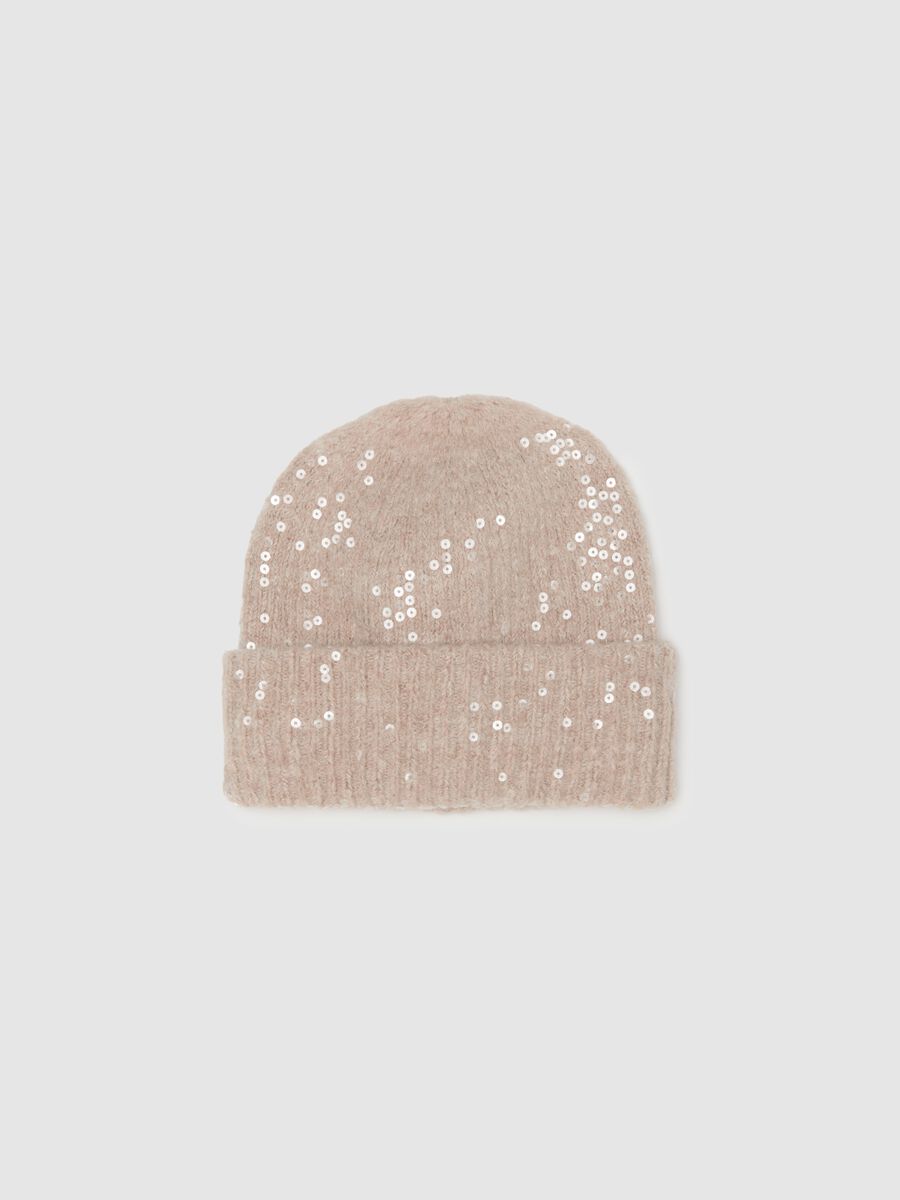 Beige jersey knit hat with sequins_0
