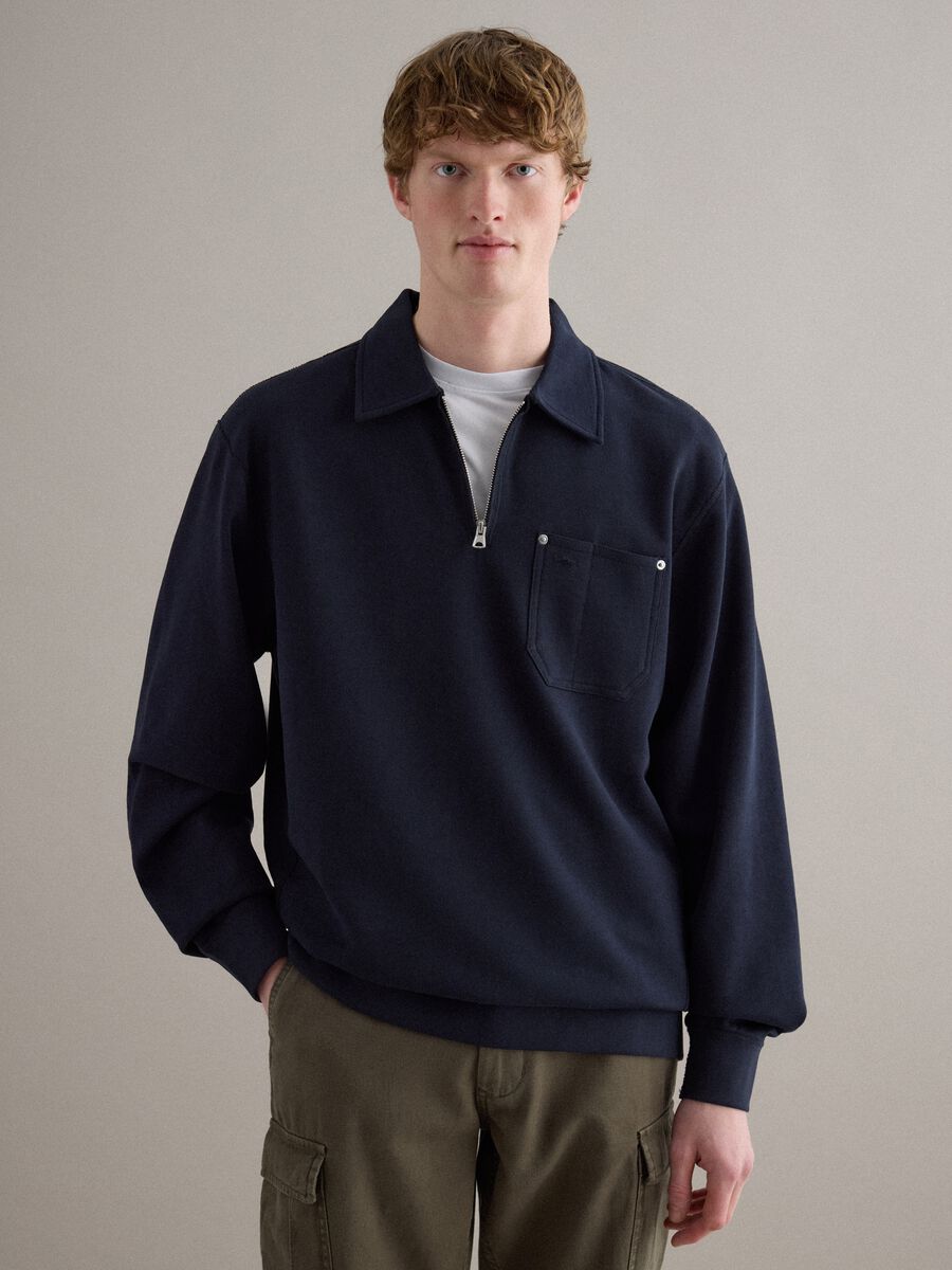 Blue Pure Cotton Regular Fit Sweatshirt with Half Zip and Collar_0