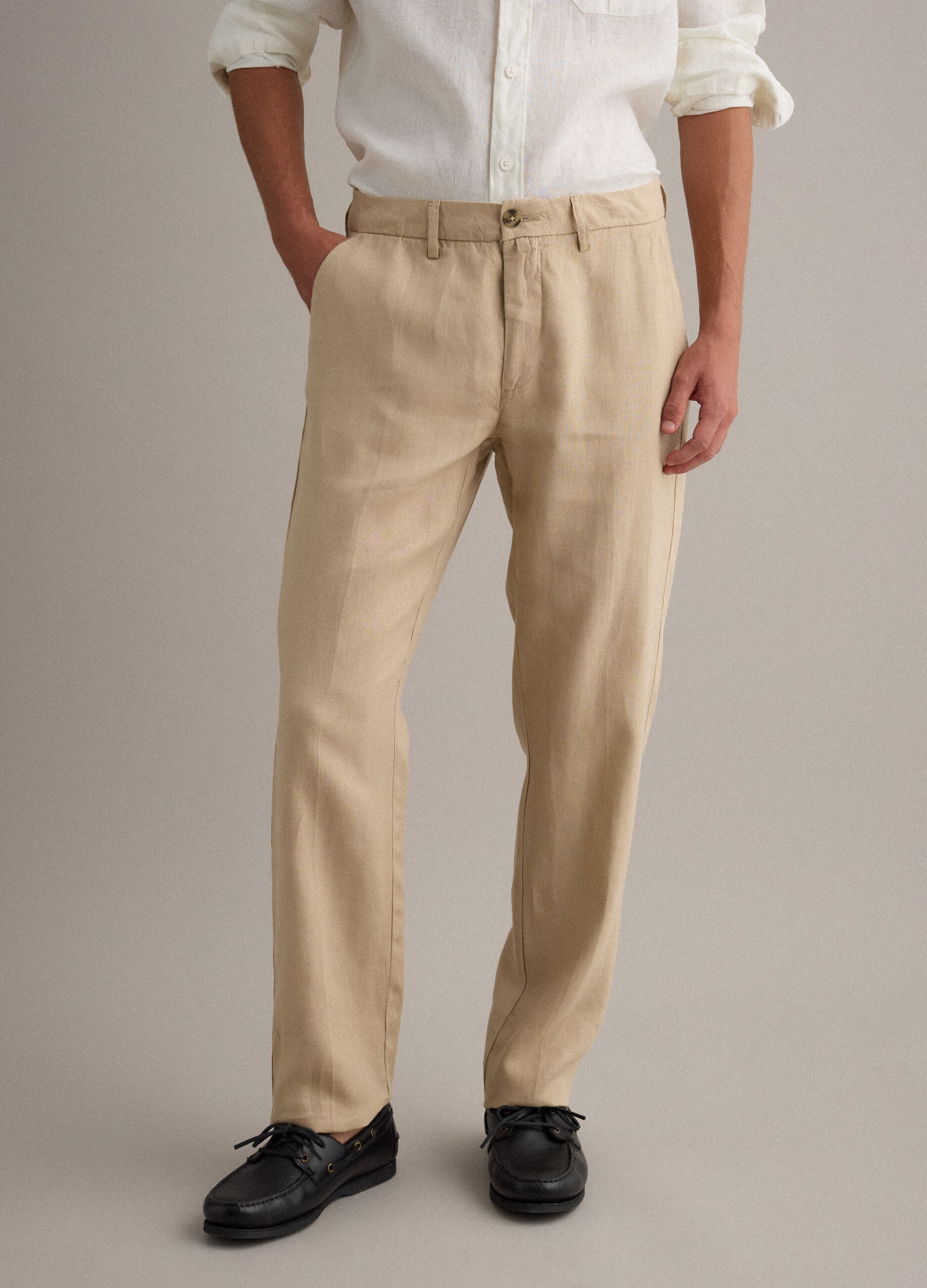 Beige pure linen chino trousers, regular fit