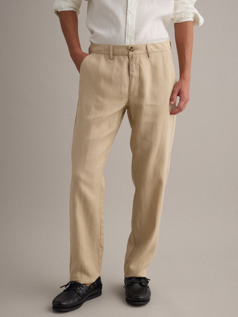 Beige pure linen chino trousers, regular fit_1