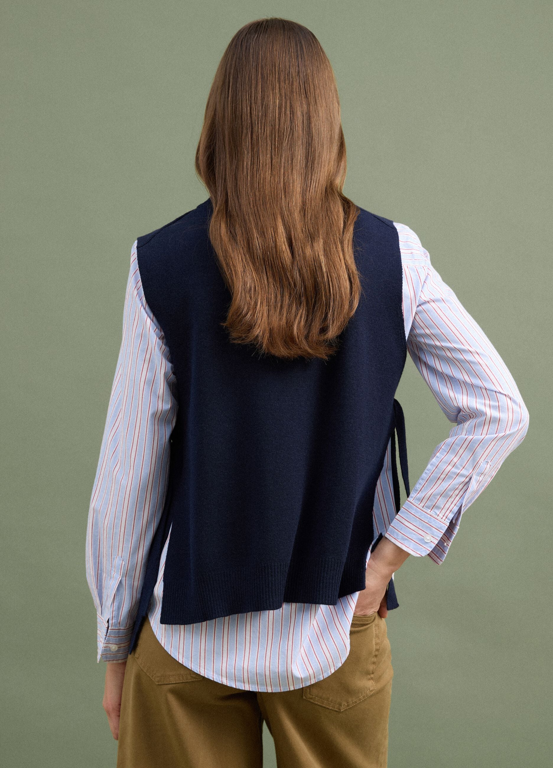 Blue wool-blend crew-neck gilet with tie-fastening side tabs, regular fit