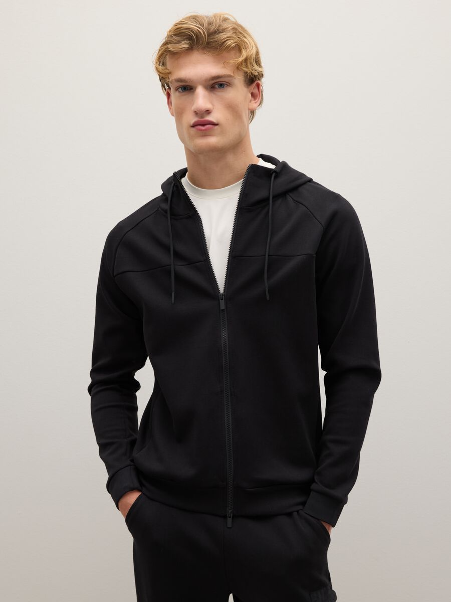 Black Cotton Blend Regular Fit Hoodie with Zip_1