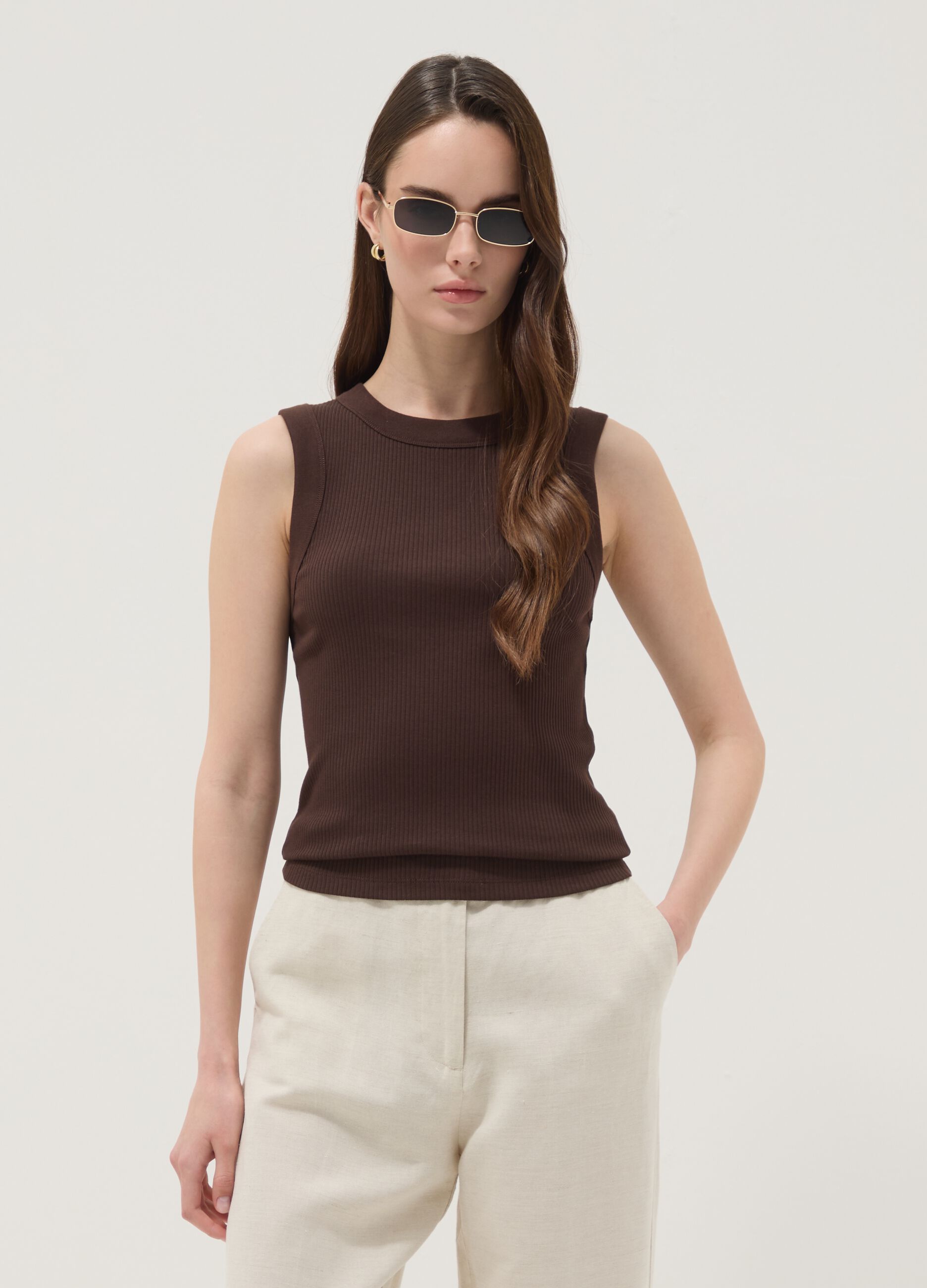 Brown fitted ribbed stretch-cotton tank top