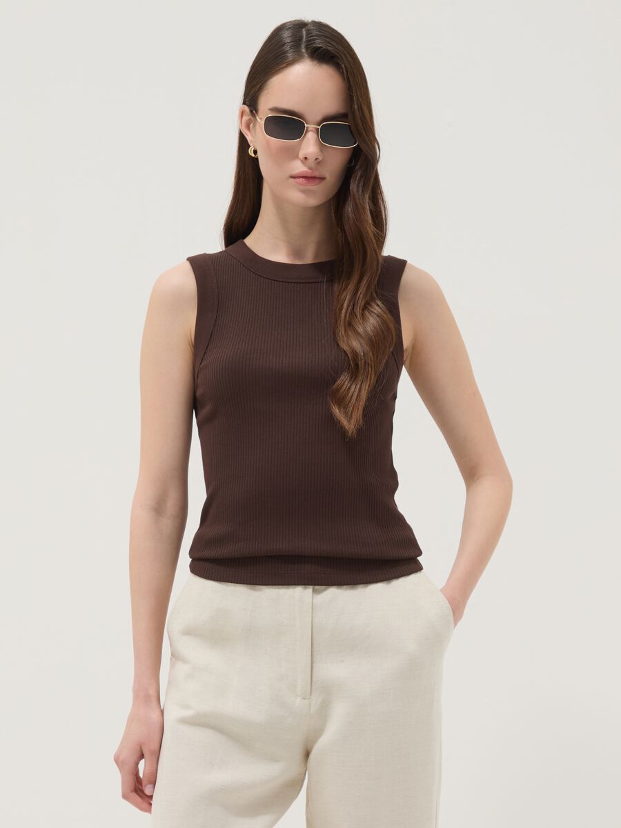 Brown fitted ribbed stretch-cotton tank top_3