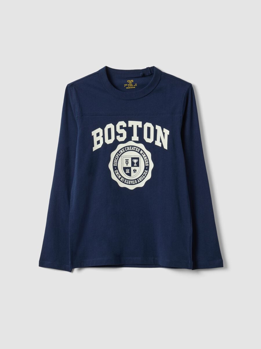 T-shirt blu in puro cotone organico con stampa college_3