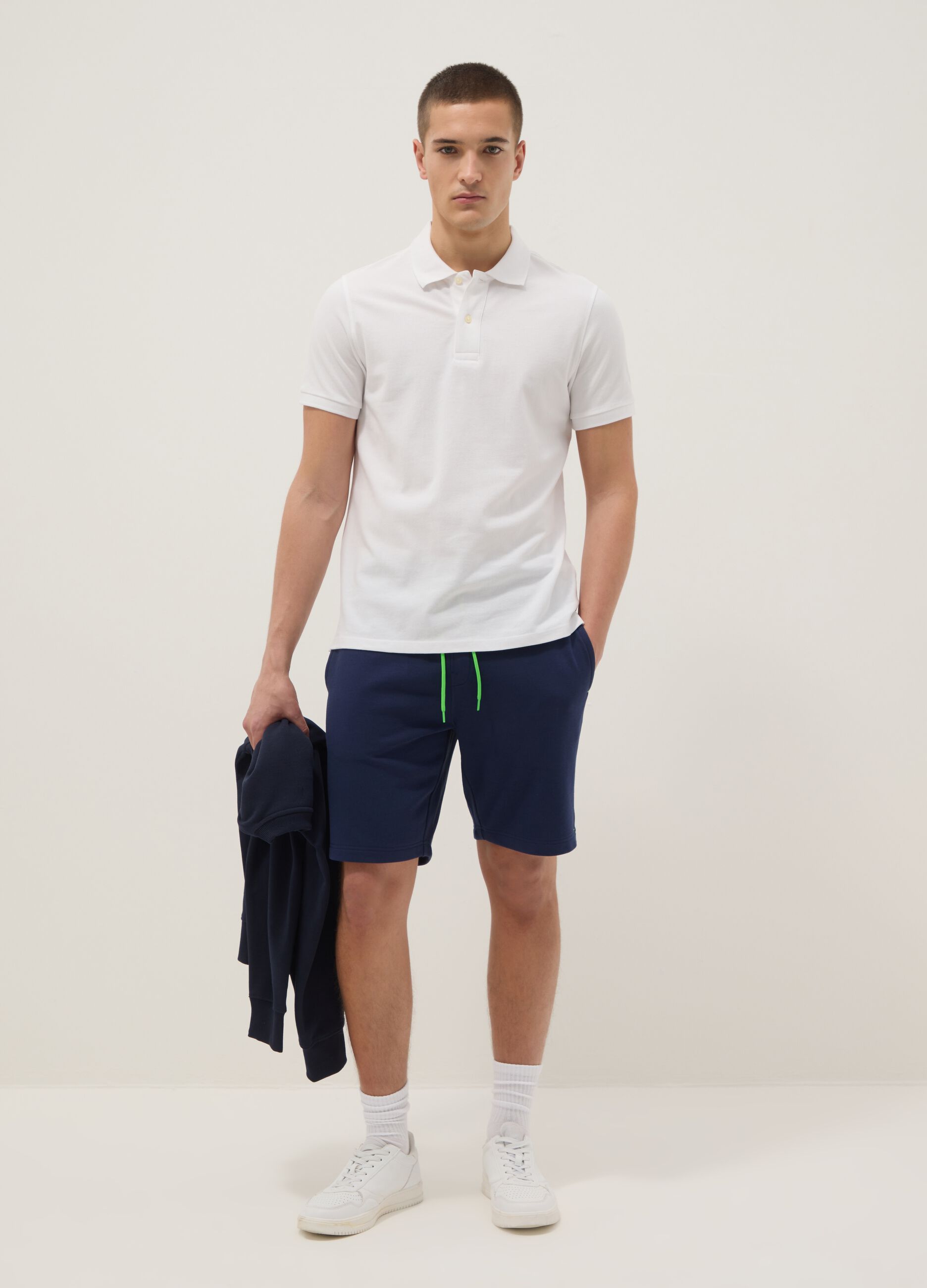 Blue cotton-blend Bermuda shorts with elasticated waistband