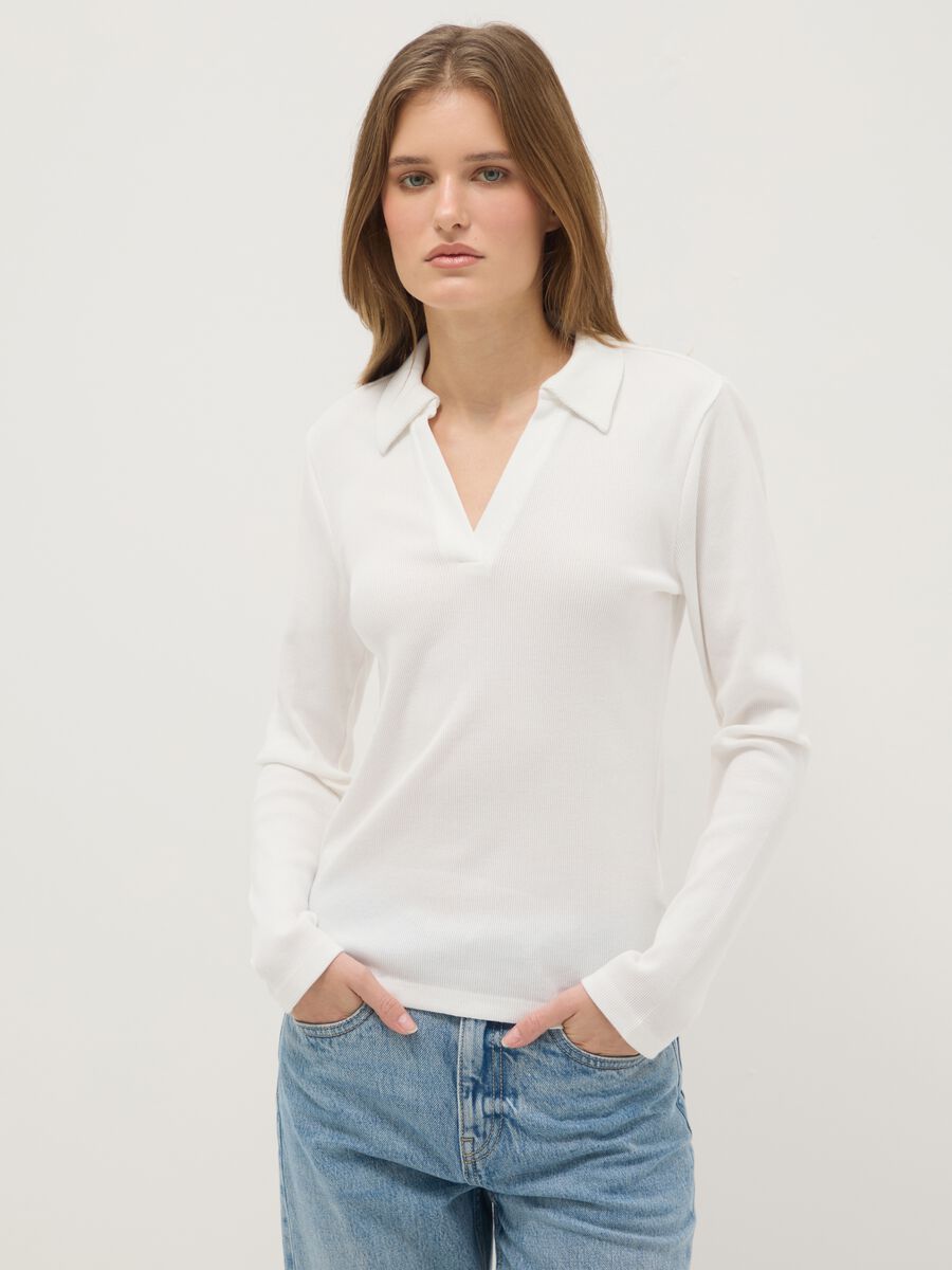 White long sleeve polo with V-neck in pure cotton regular fit_0