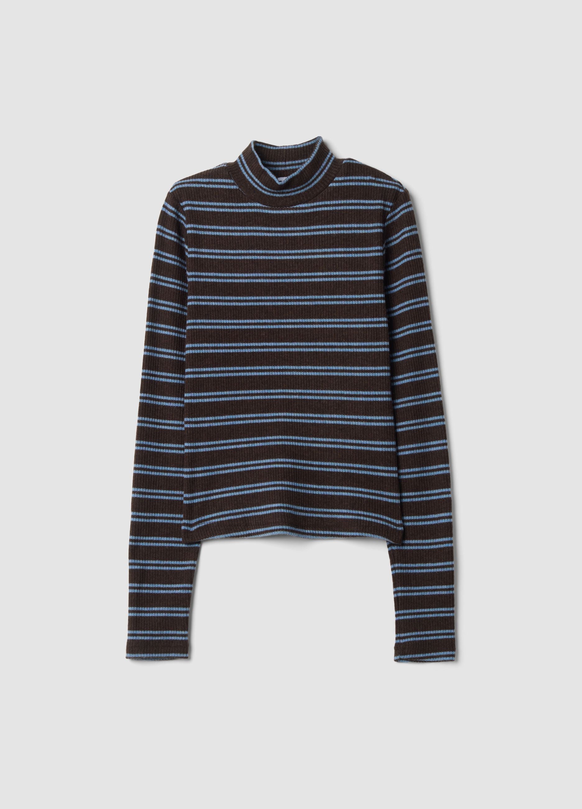 Brown striped stretch T-shirt with raised neck