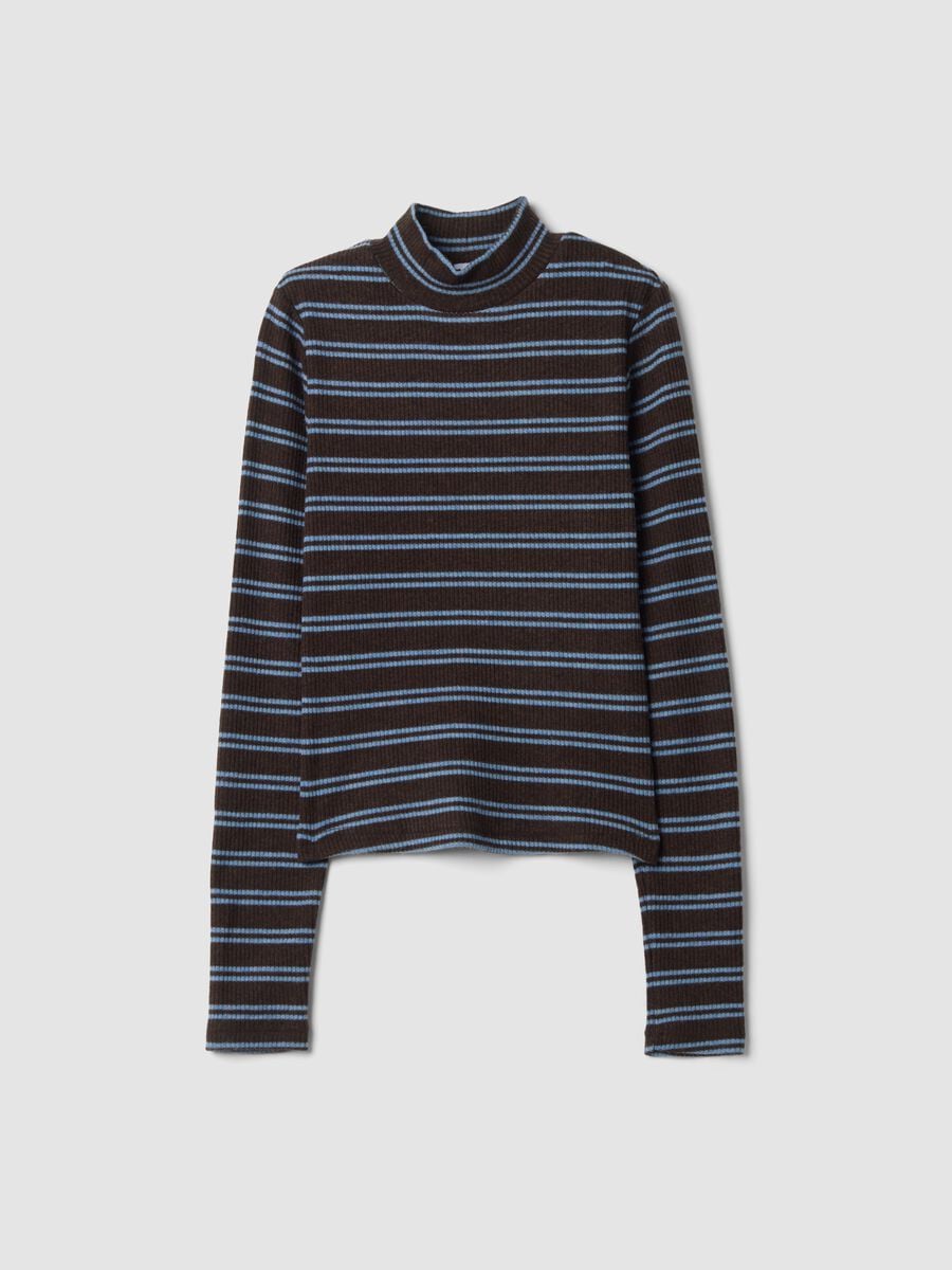 T-shirt marrone in tessuto elasticizzato a righe Collo rialzato_0