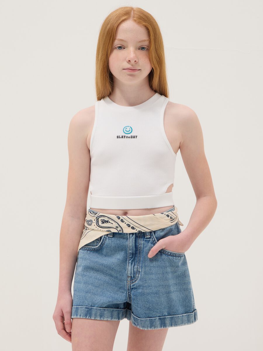 White stretch cotton cropped tank top_0