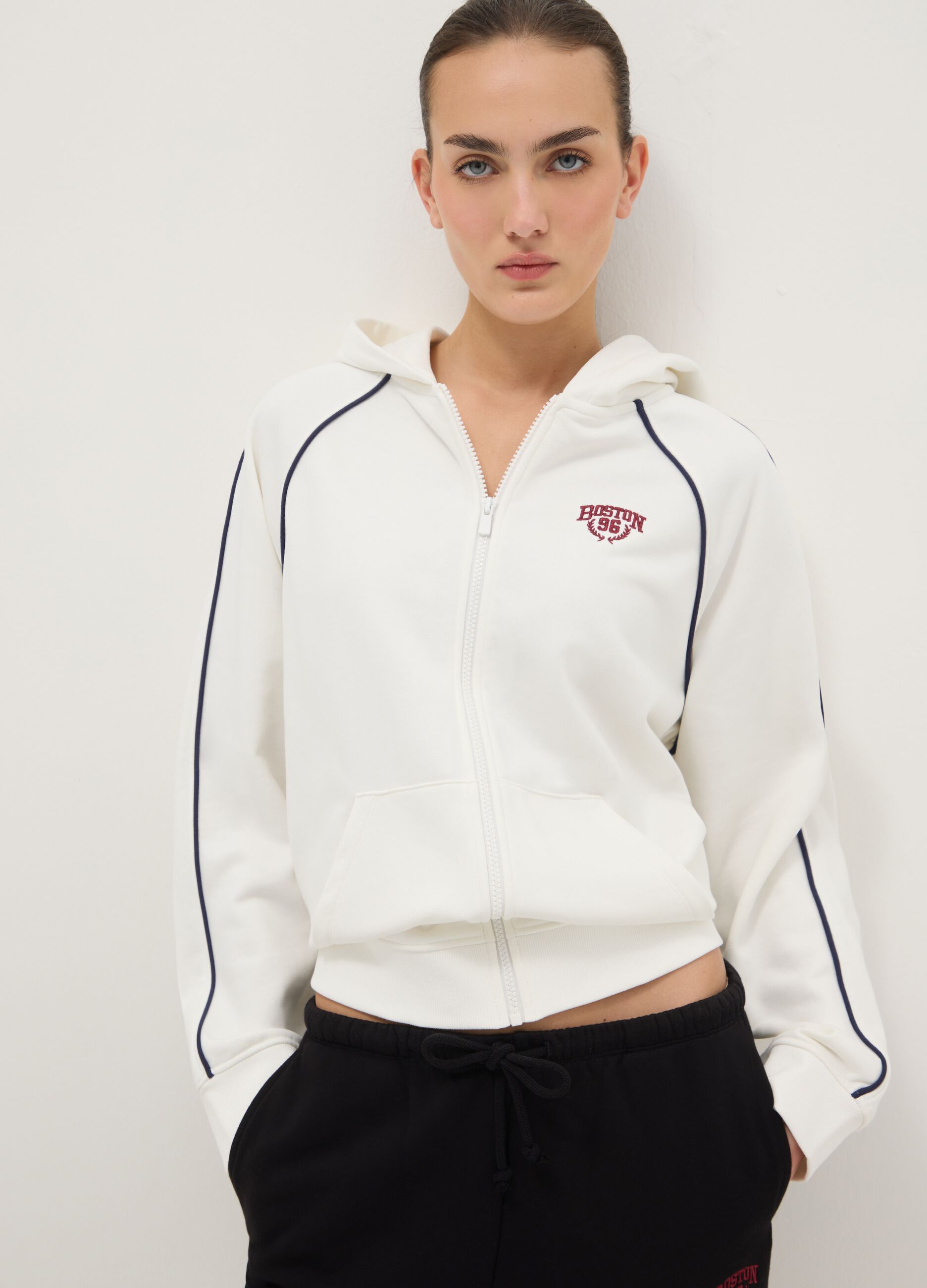 White Hooded Zip Cotton Blend Relaxed Fit Sweatshirt