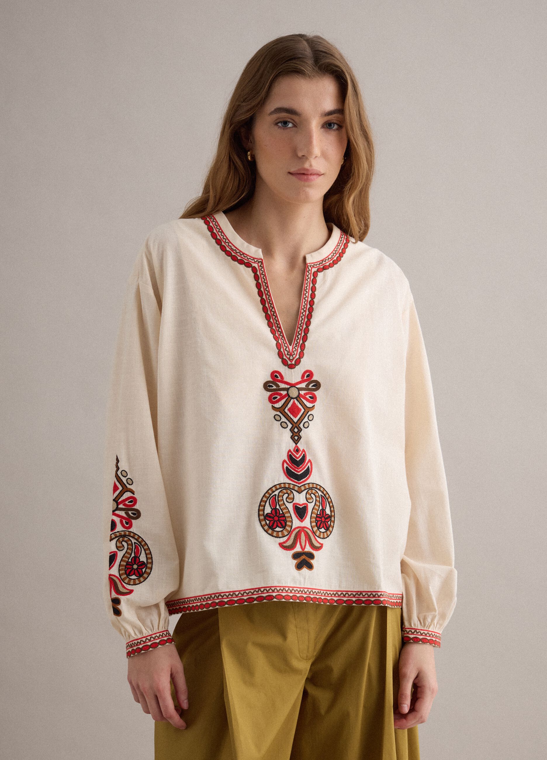 White pure cotton regular-fit shirt with embroidery and V-neck