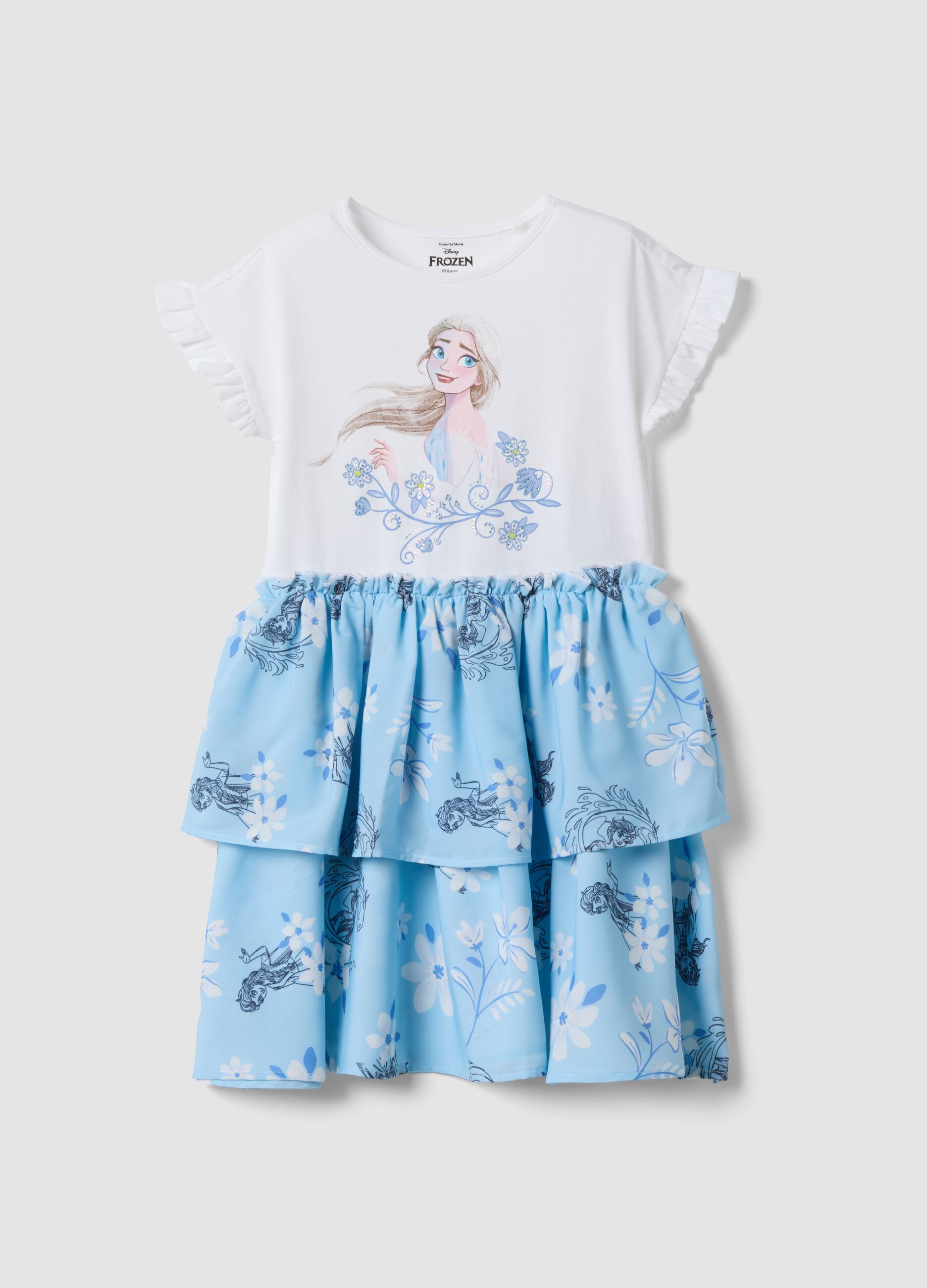 Light blue mini dress in stretch cotton with tiered skirt
