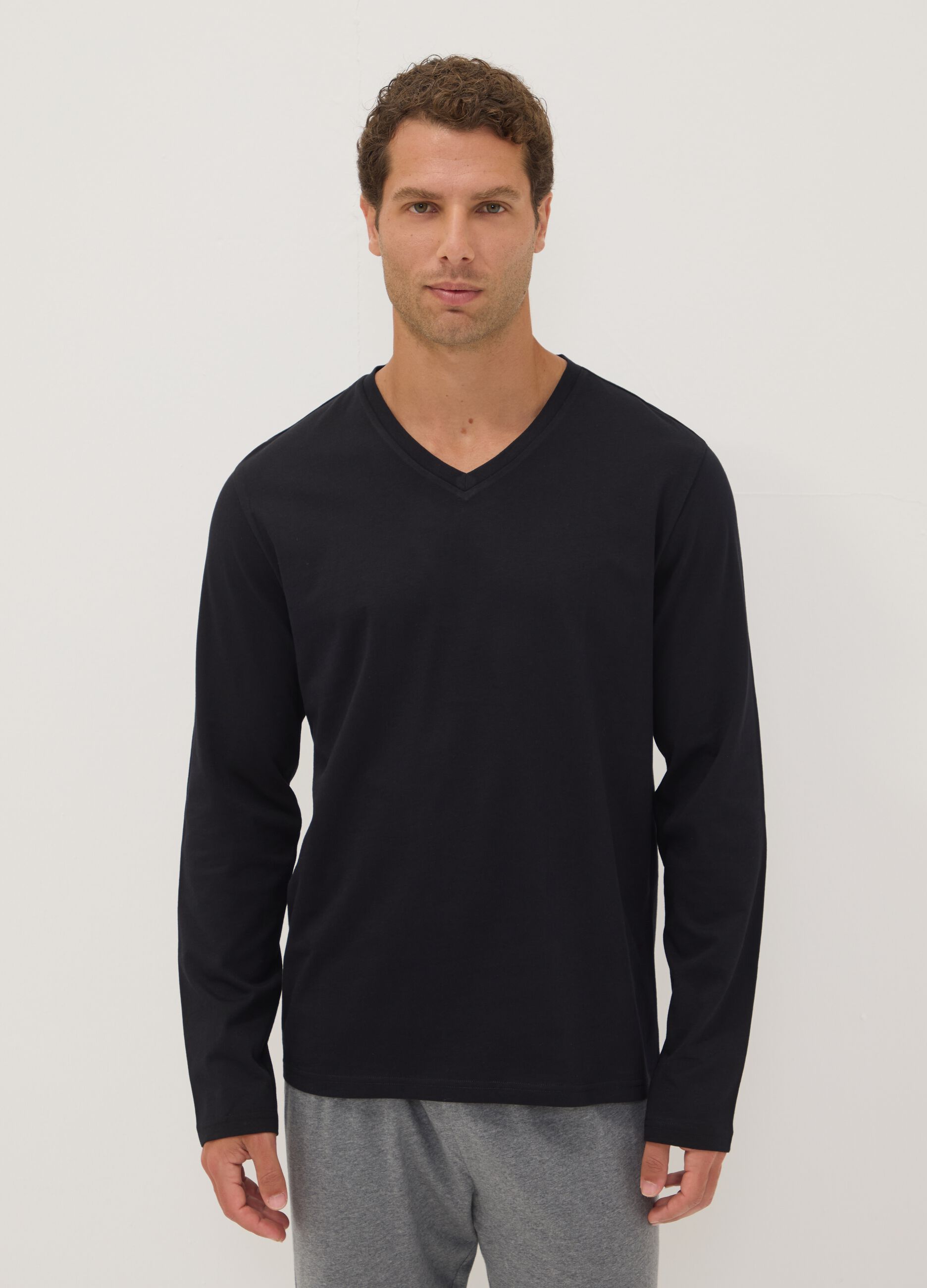 Black and grey pure organic cotton V-neck regular-fit pyjamas