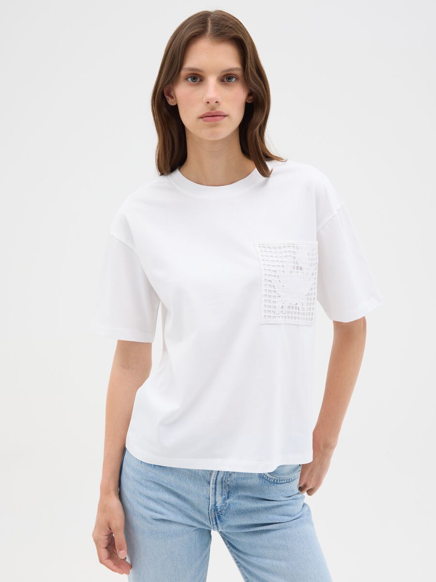 Women's white pure cotton regular fit T-shirt with mesh pocket_0