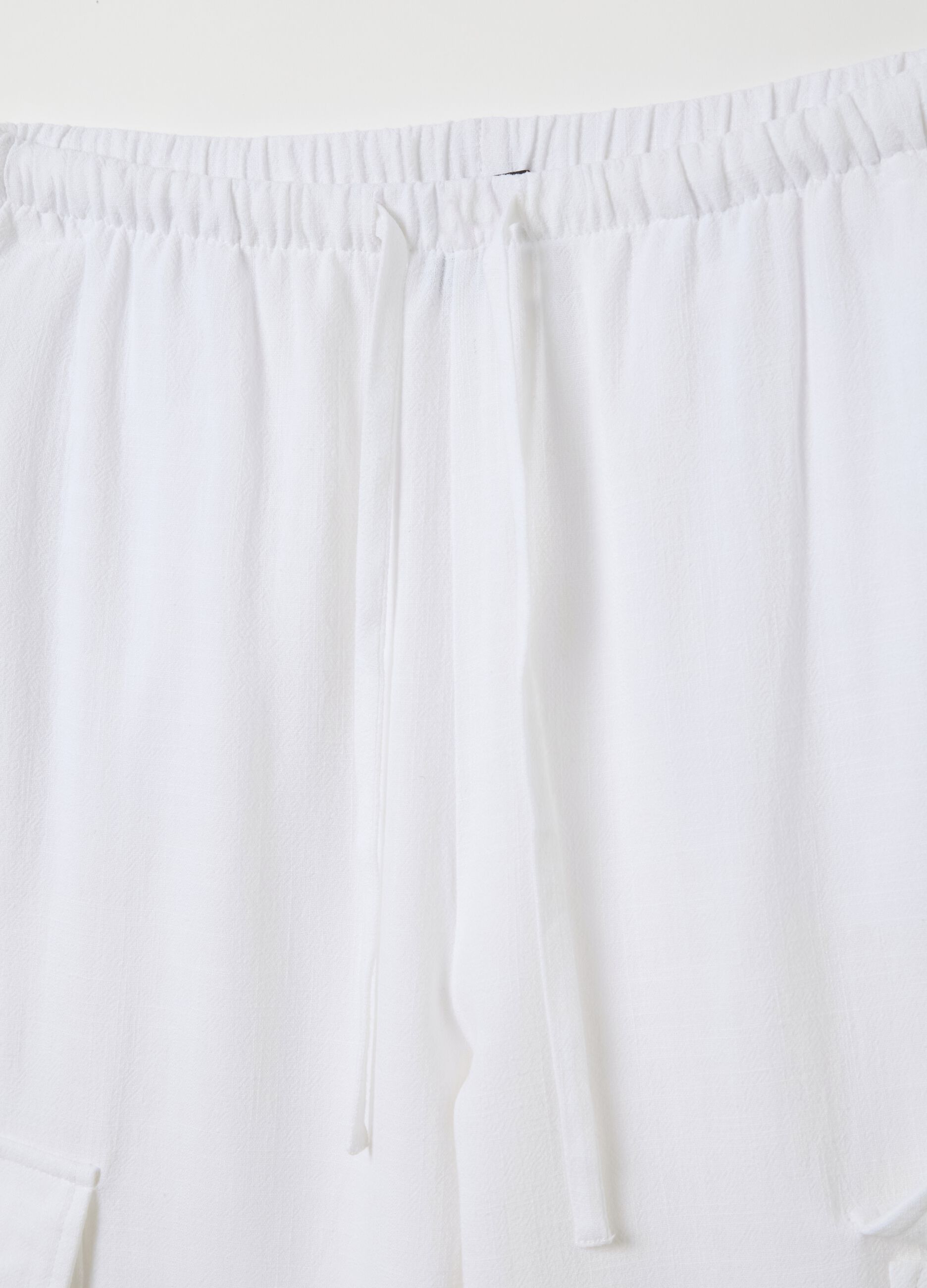 White Linen Wide-Leg Cargo Trousers