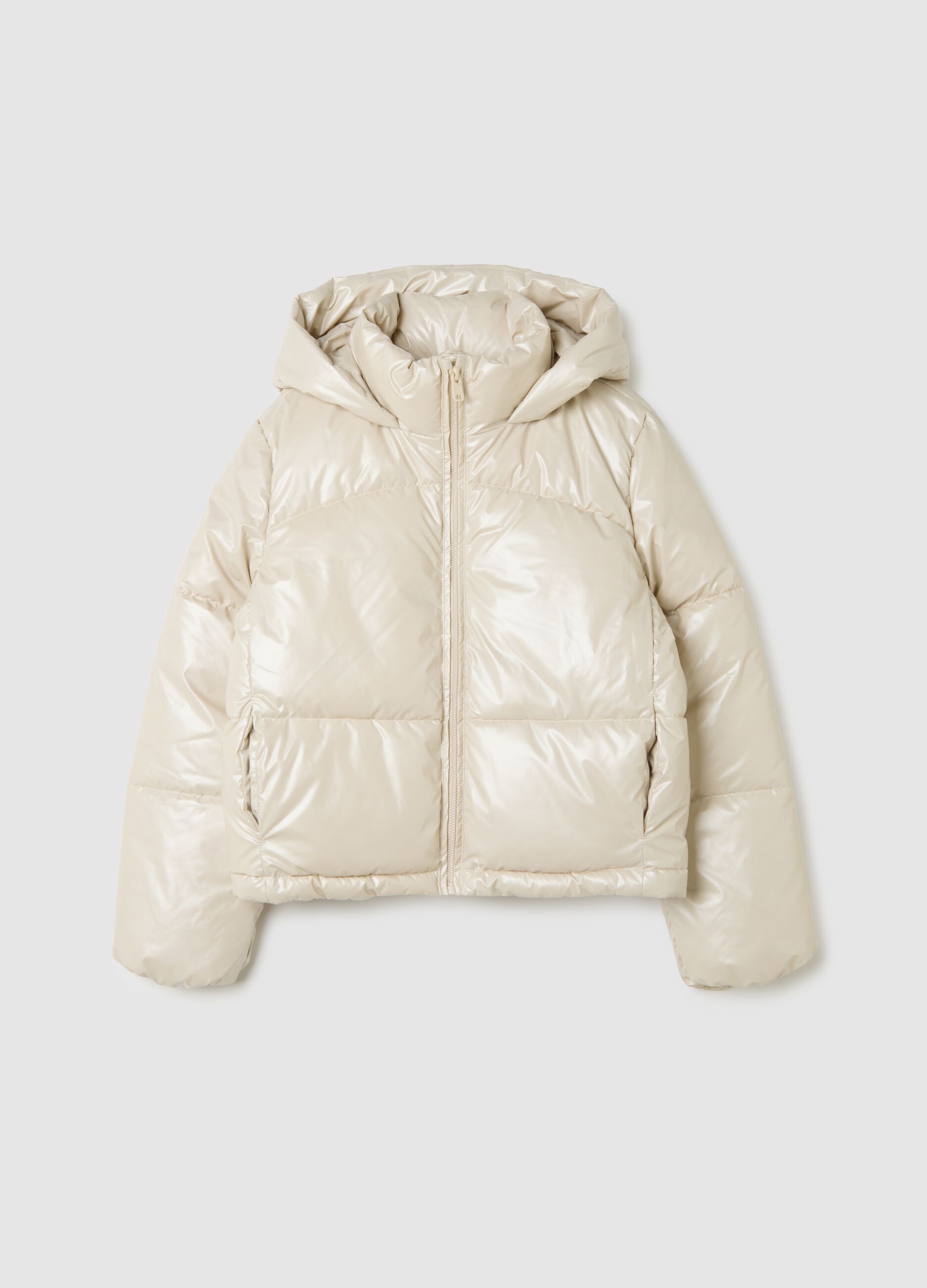 Regular fit beige padded jacket for girls with hood