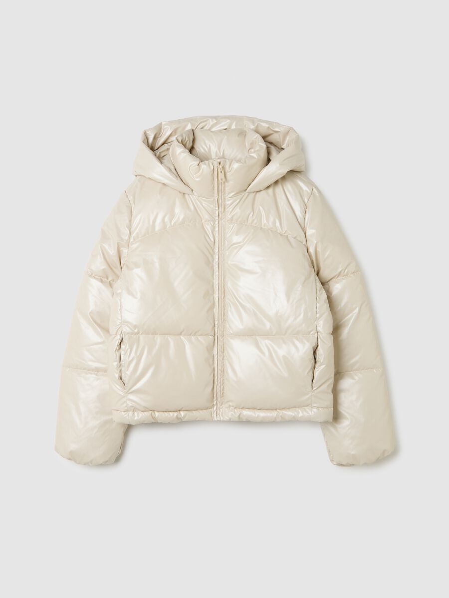 Regular fit beige padded jacket for girls with hood_0