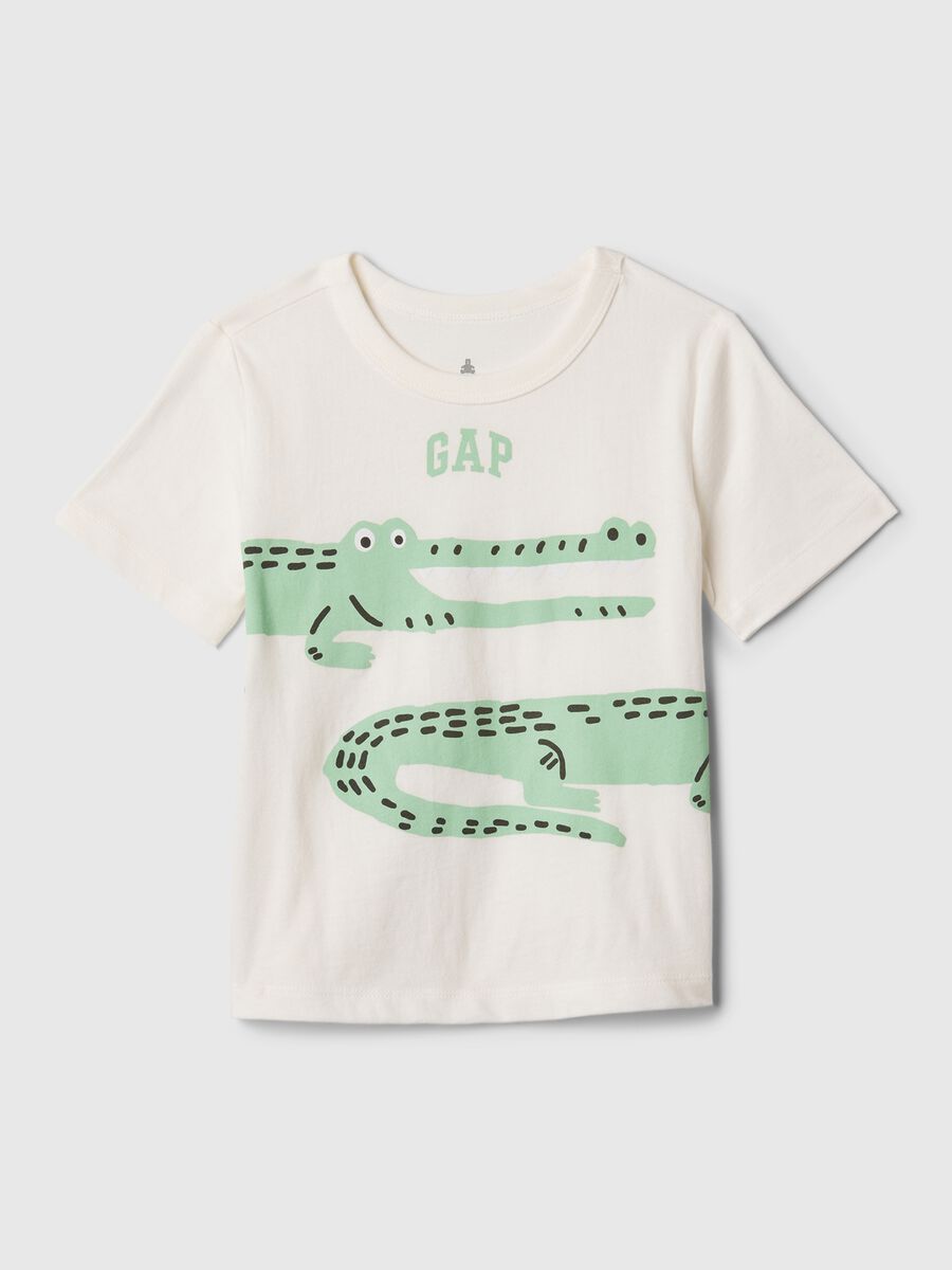T-shirt in cotone con stampa coccodrillo e logo_0