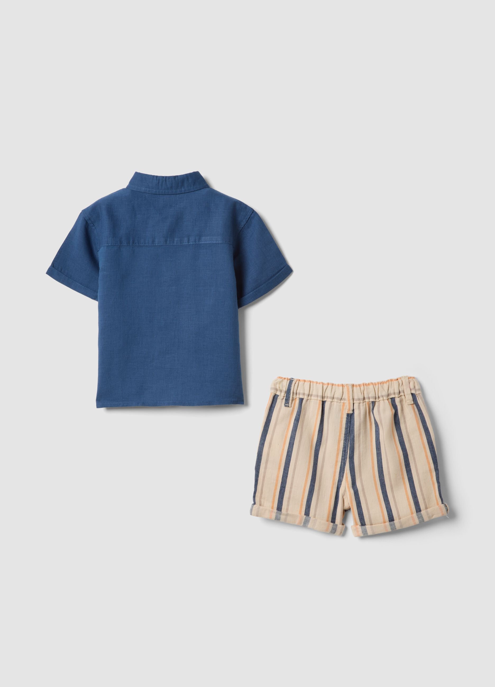 Blue linen-cotton blend set with shirt and striped shorts for baby boy